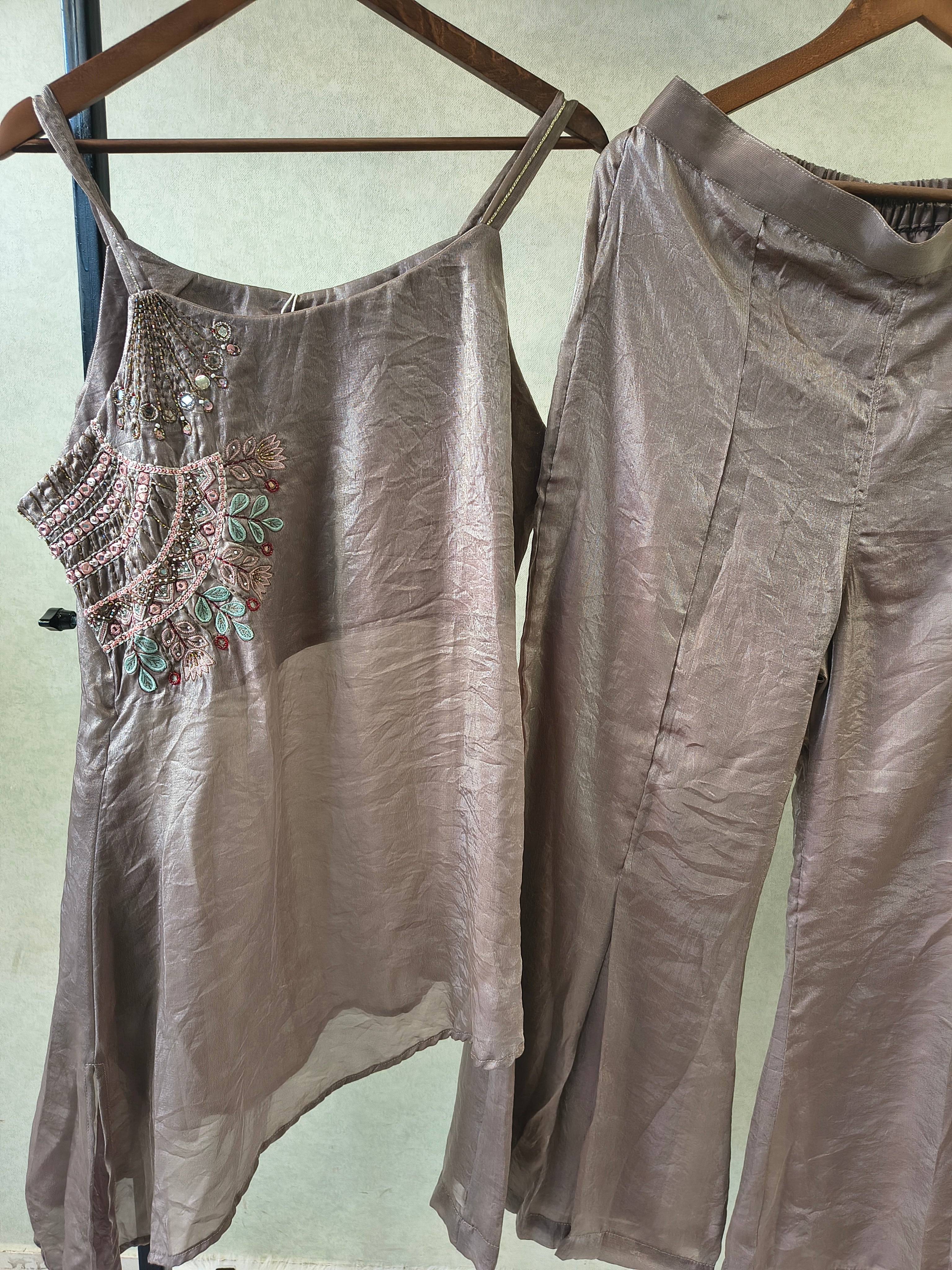 Image of Steel Grey Asymmetrical Embroidered Indo-Western Kurta Set with Straight Pants & Dupatta – 3 Piece Designer Co-Ord Set