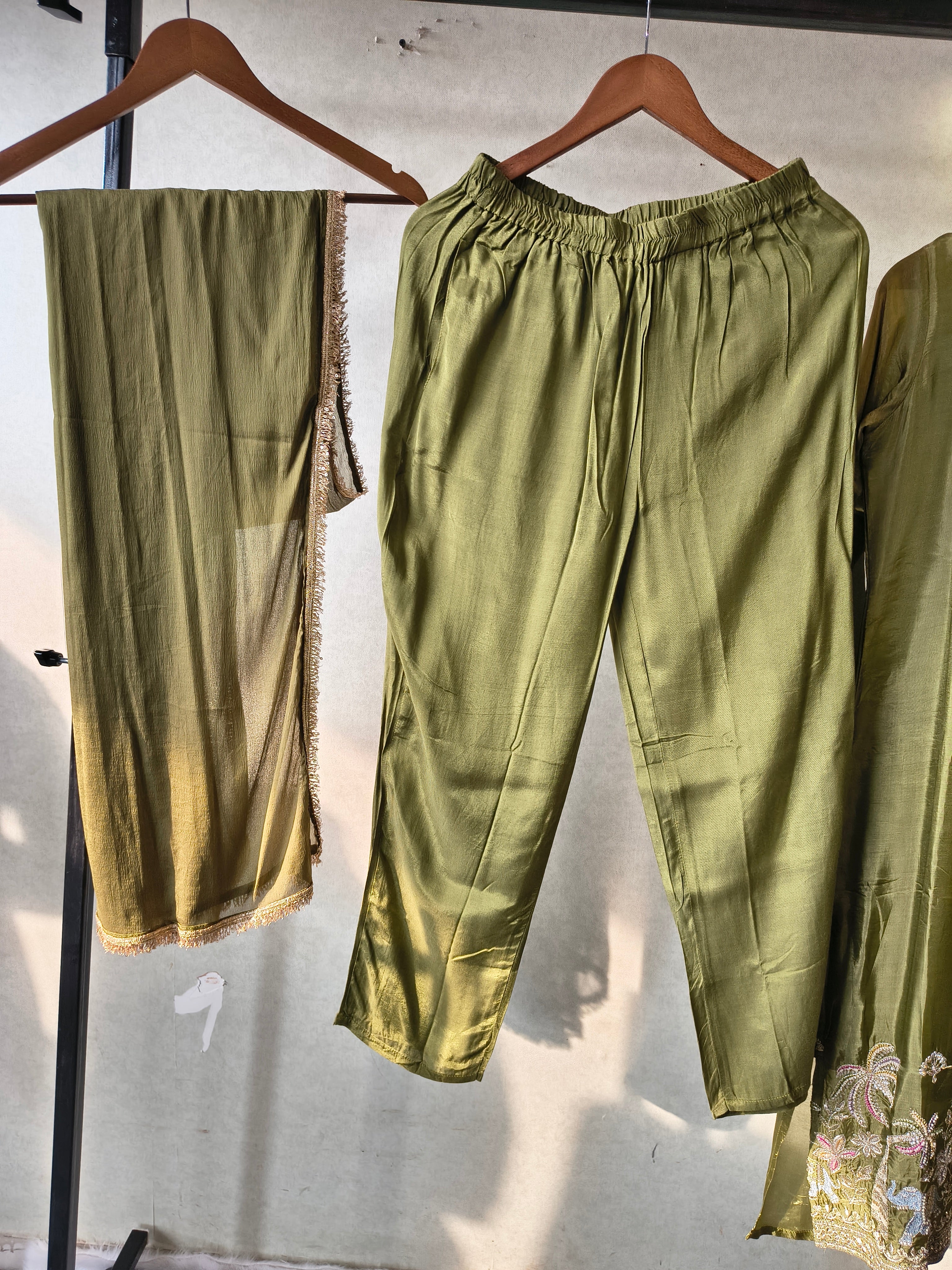 Image of Olive Green Embroidered Straight Kurta Set with Designer Yoke, Scenic Hem Embroidery & Lace Border Dupatta – Premium 3 Piece Ethnic Ensemble