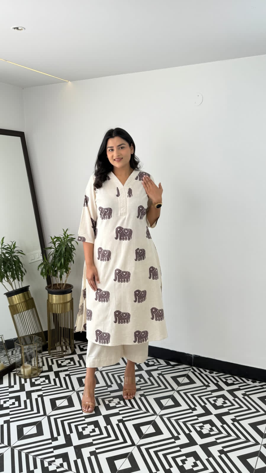 Explore Breathable & Embroidered and beautiful elephant print all over kurti Co-ord Sets your go-to for any occasion