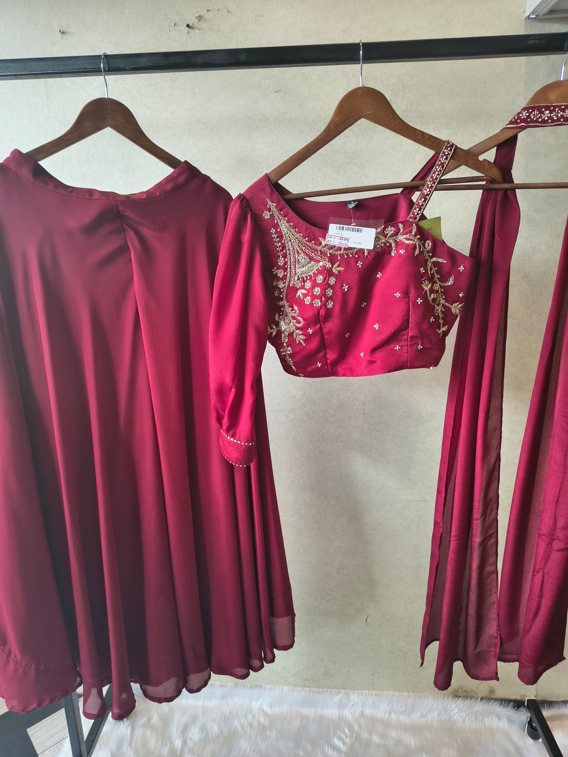 Premium Wine Satin Silk 3-Piece Lehenga Set with Hand Embroidered One-Shoulder Blouse & Dupatta