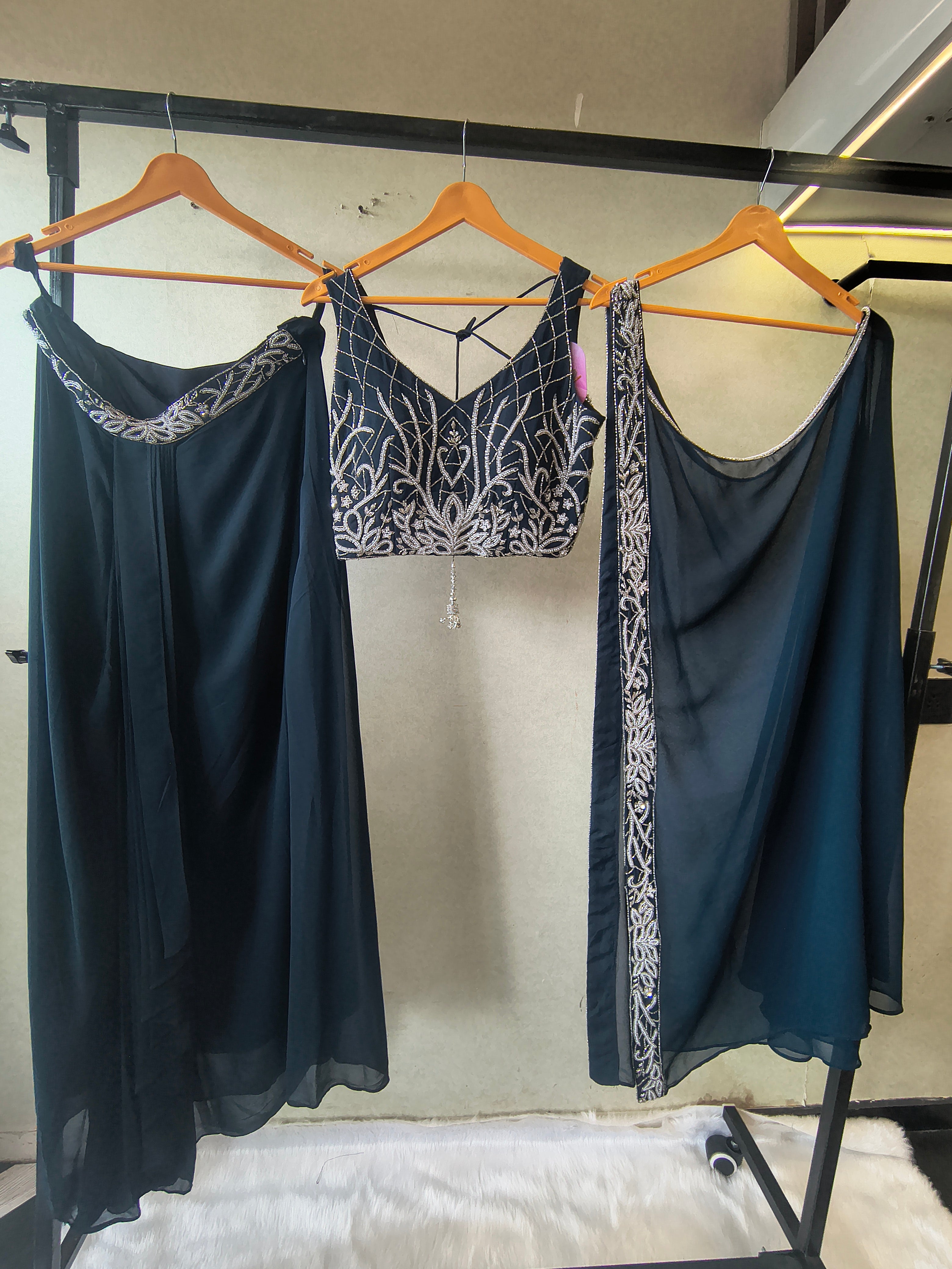 Image of Midnight Navy Embroidered Designer Blouse with Flared Palazzo & Embroidered Dupatta – 3 Piece Festive Indo-Western Set