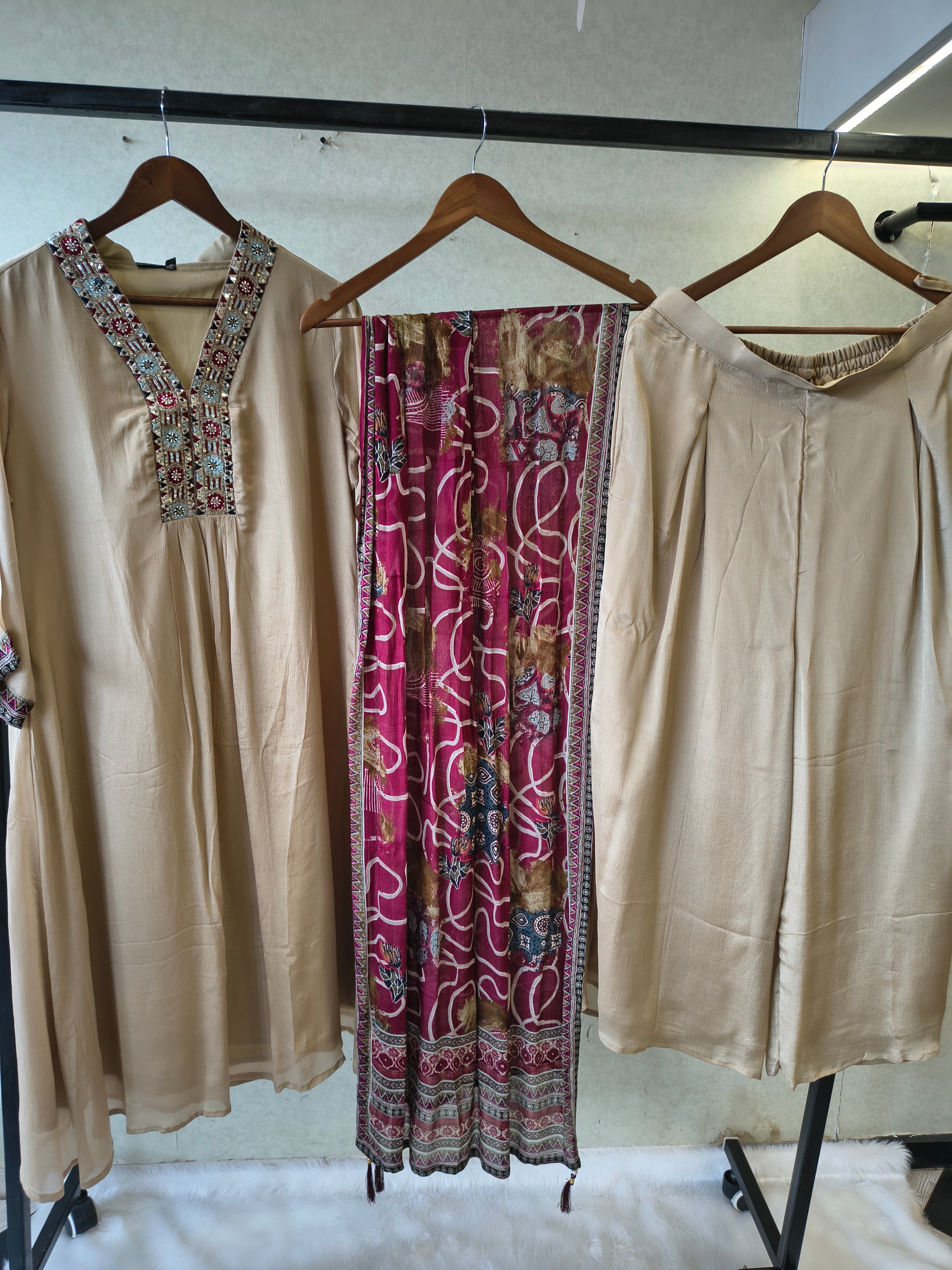 Image of Ivory Beige Embroidered Designer Kurta Set with Printed Dupatta | Premium 3 Piece Ethnic Suit