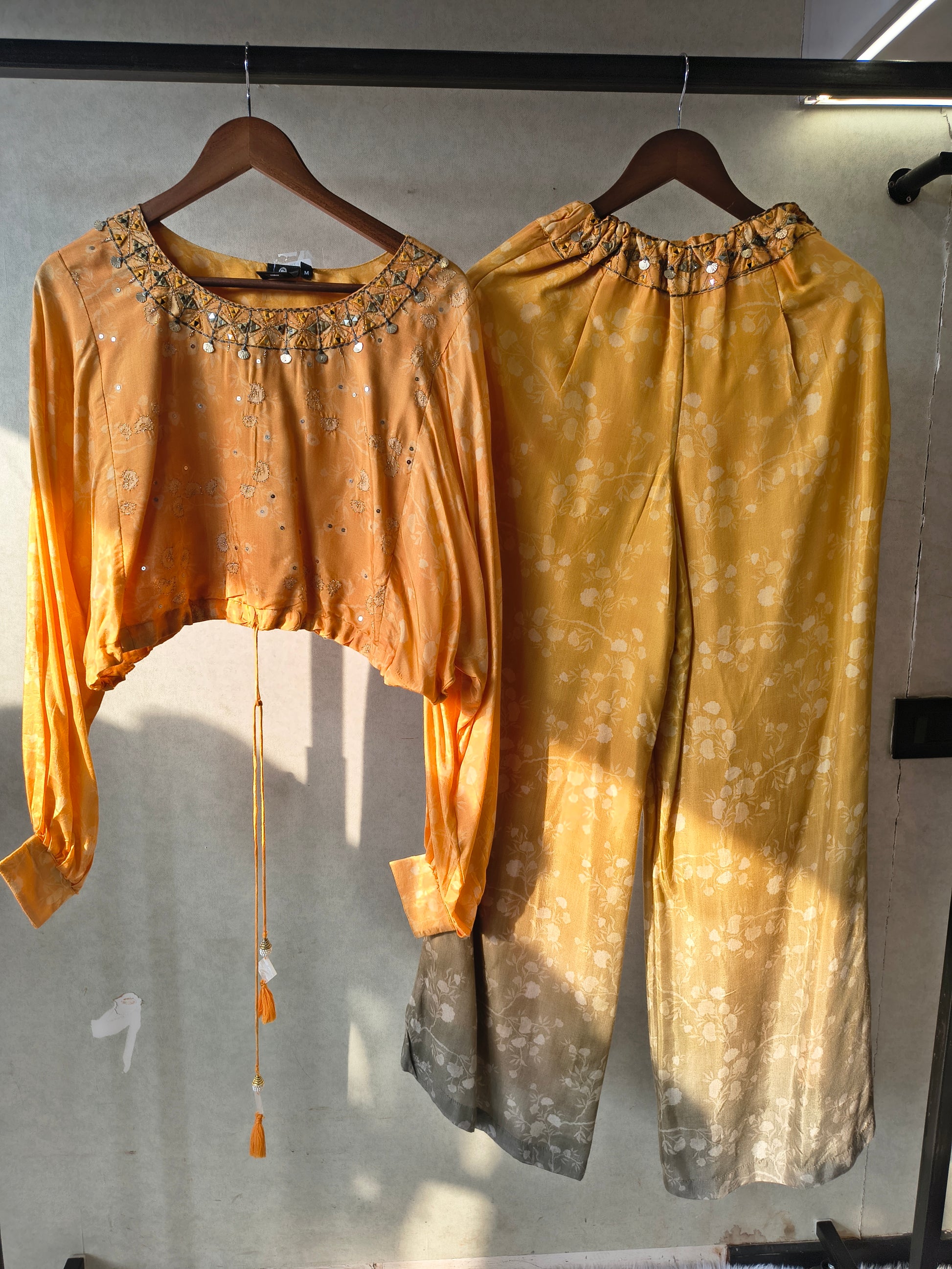 Premium Sunset Ombre Embellished Crop Top & Wide-Leg Palazzo Co-Ord Set