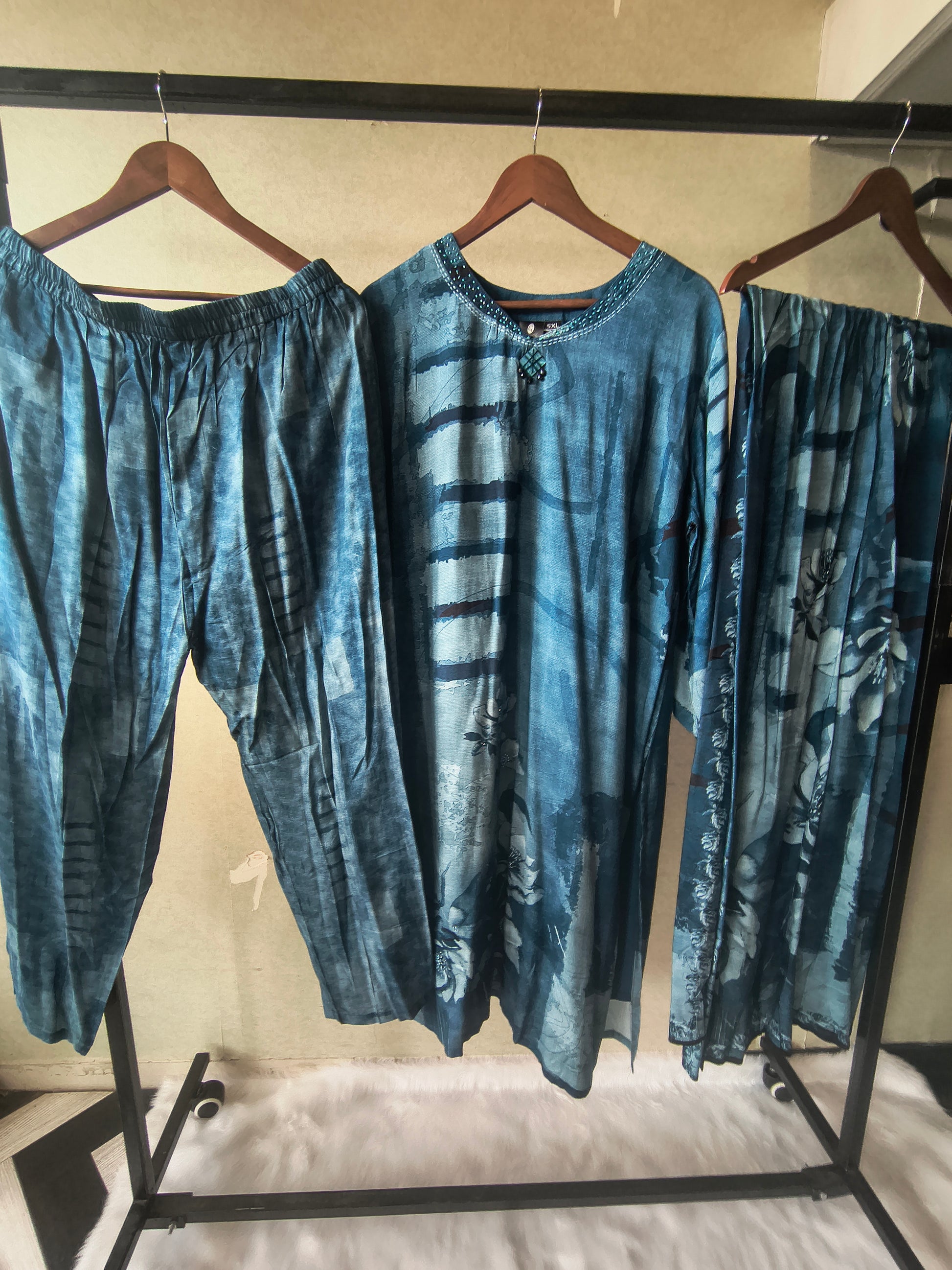 Premium Teal Blue Abstract Printed Kurta Set with Pants & Dupatta
