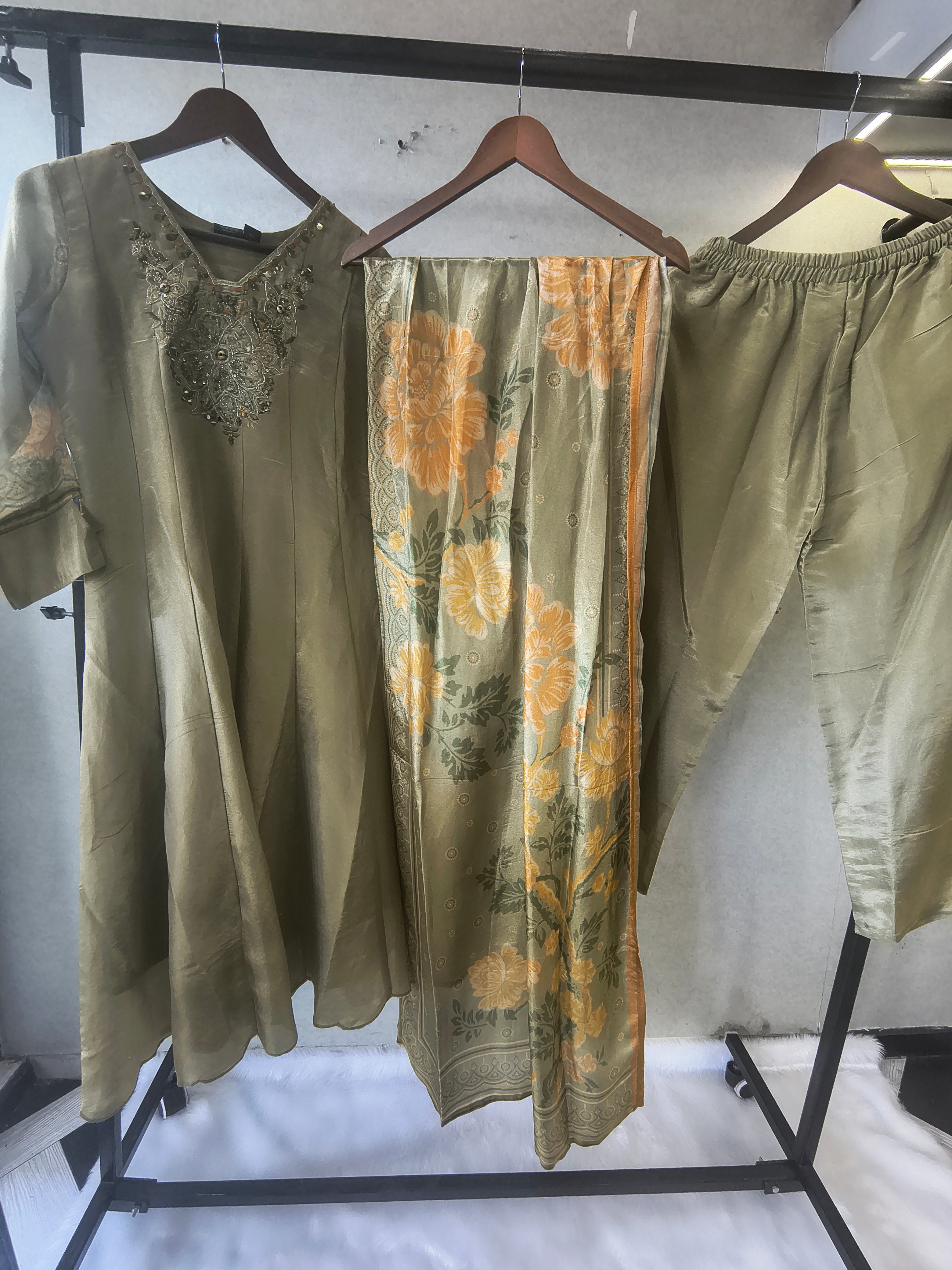 Image of Sage Olive Embroidered Designer Kurta Set with Floral Printed Dupatta | Premium 3 Piece Ethnic Suit