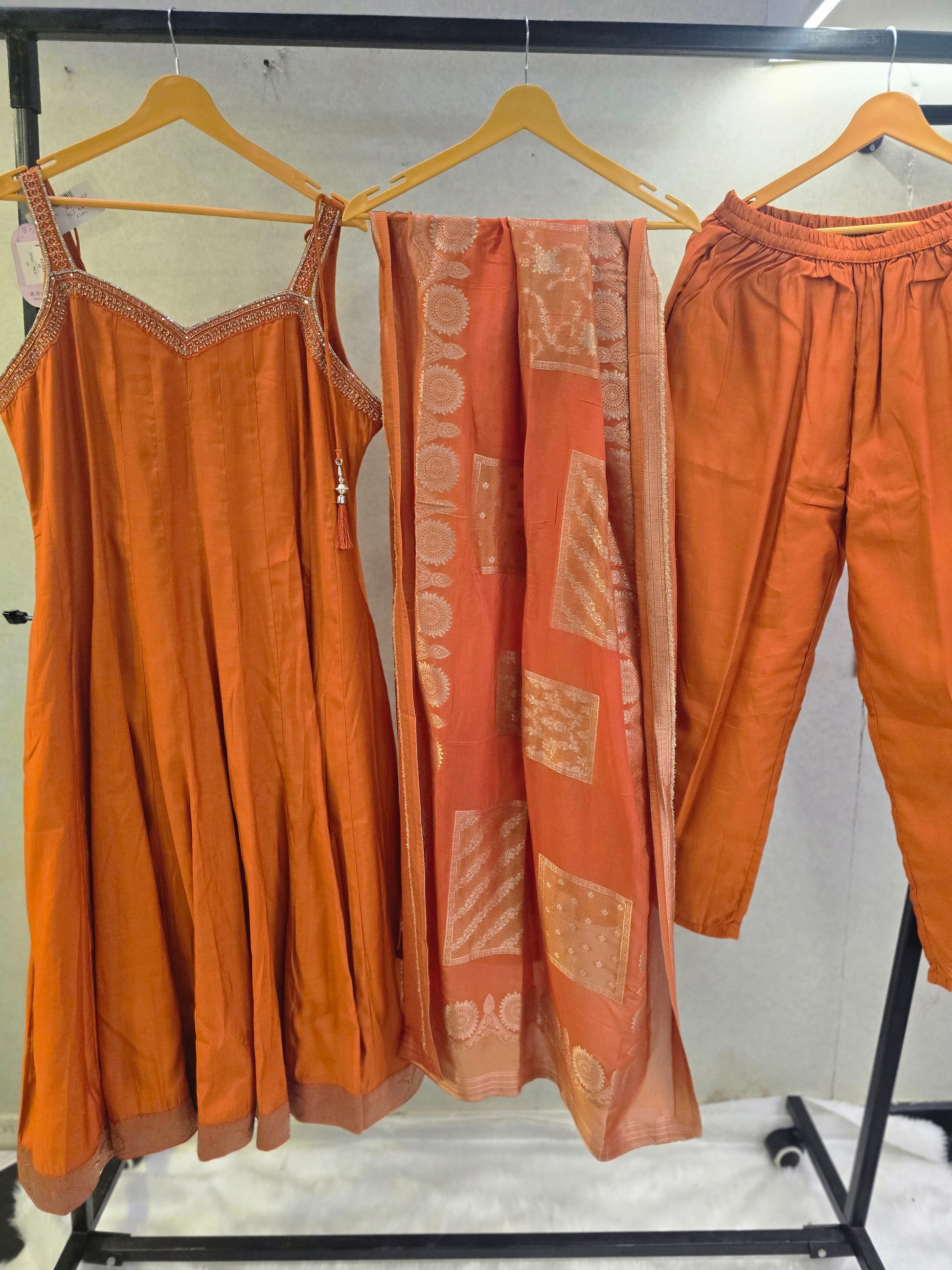 Rust Orange Embellished A-Line Kurta Set with Printed Dupatta | Premium 3 Piece Ethnic Suit