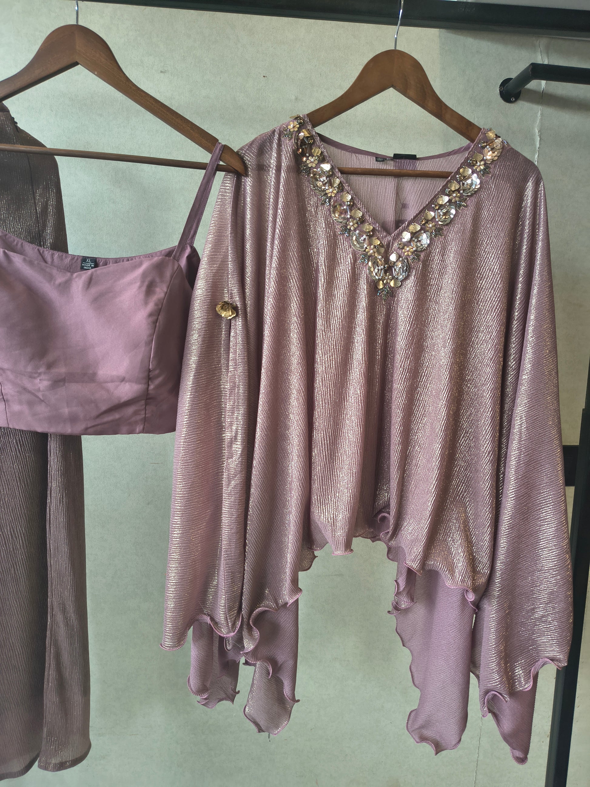Premium Rose Gold Shimmer Kaftan Co-Ord Set with Hand Embellished Cape & Straight Pants