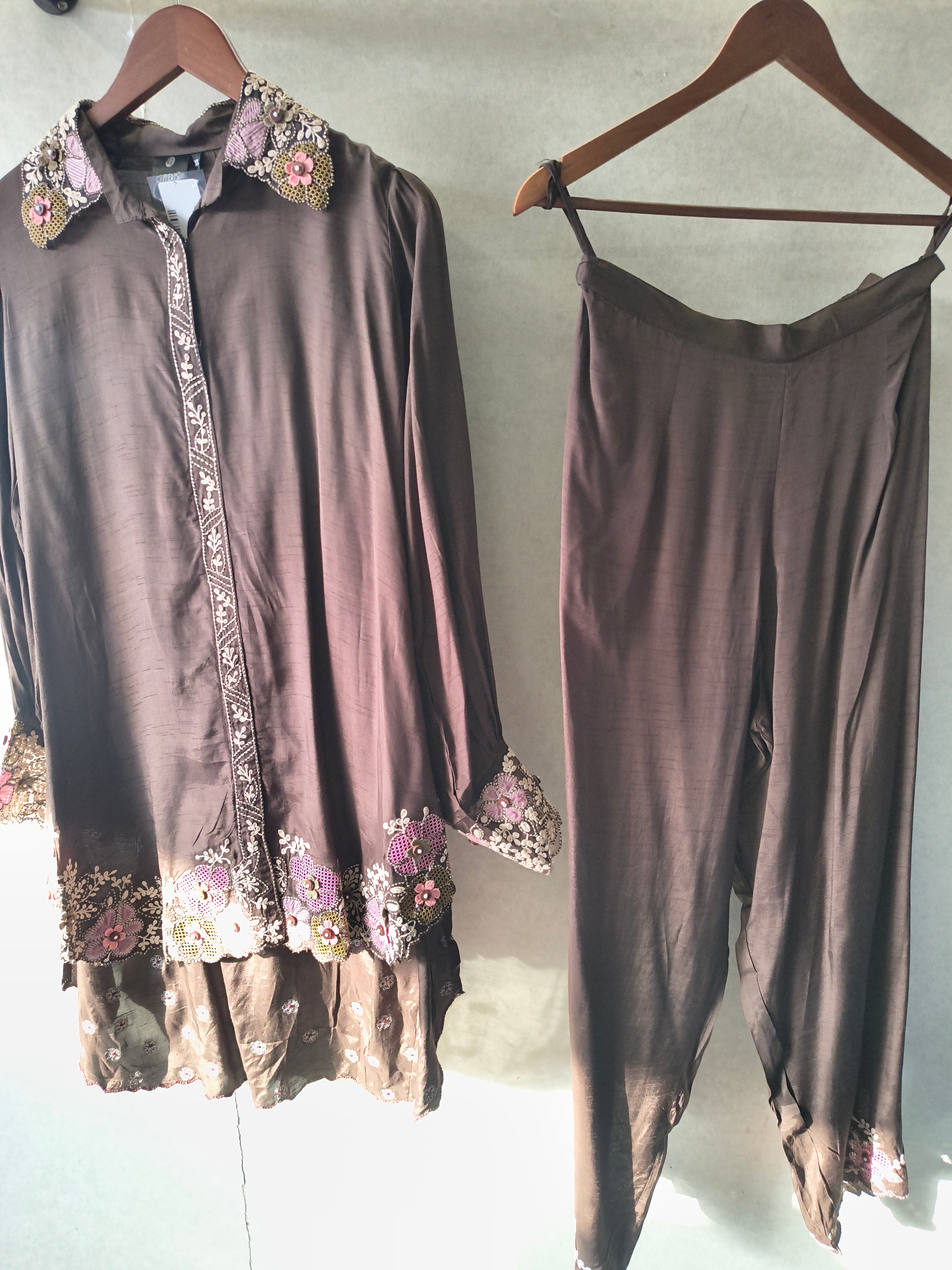 Image of Chocolate Brown Designer Embroidered Co-Ord Set with 3D Floral Appliqué & Organza Hem