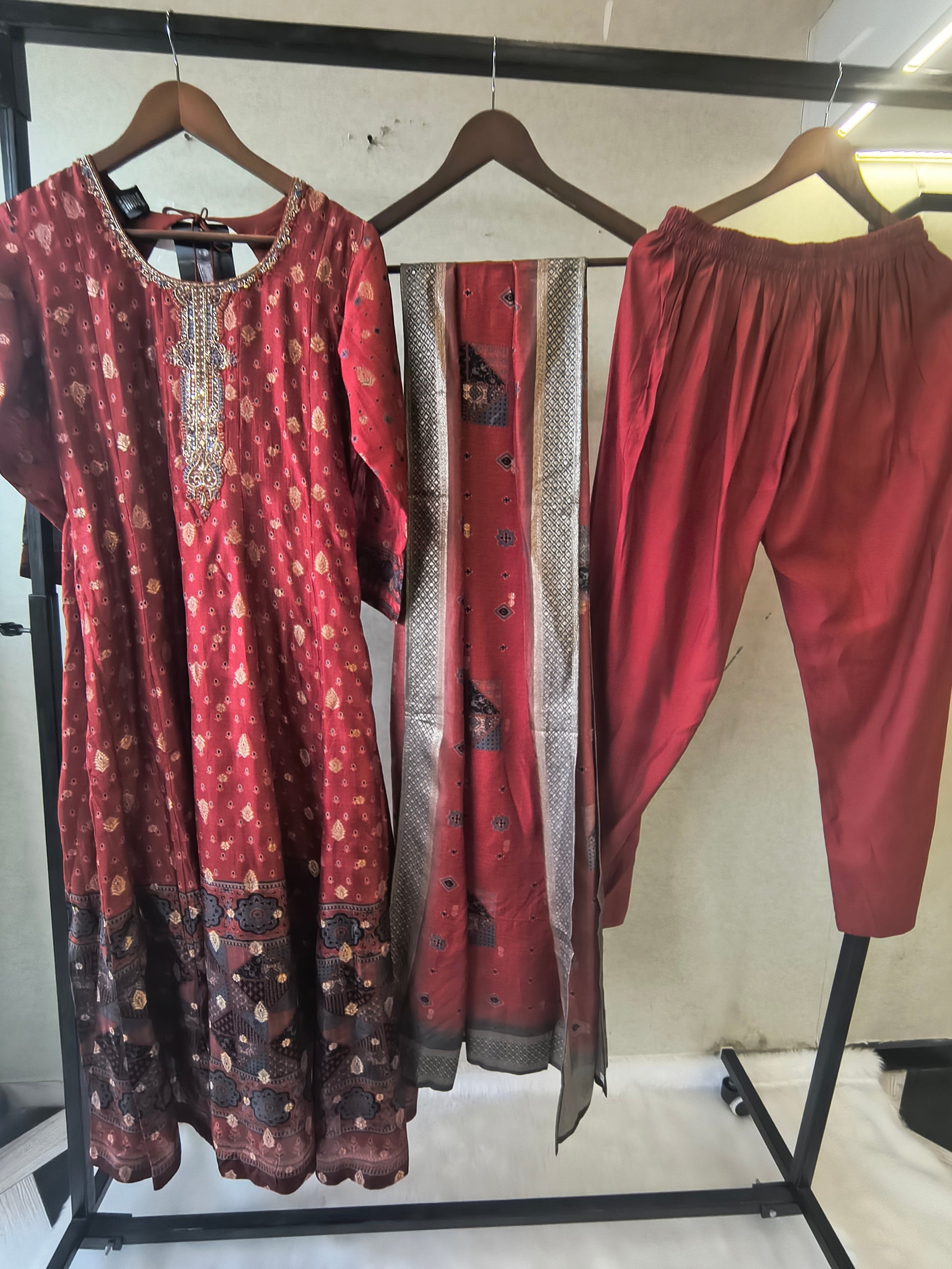 Rust Maroon Ethnic Printed Designer Kurta Set with Woven Dupatta | Premium 3 Piece Festive Suit
