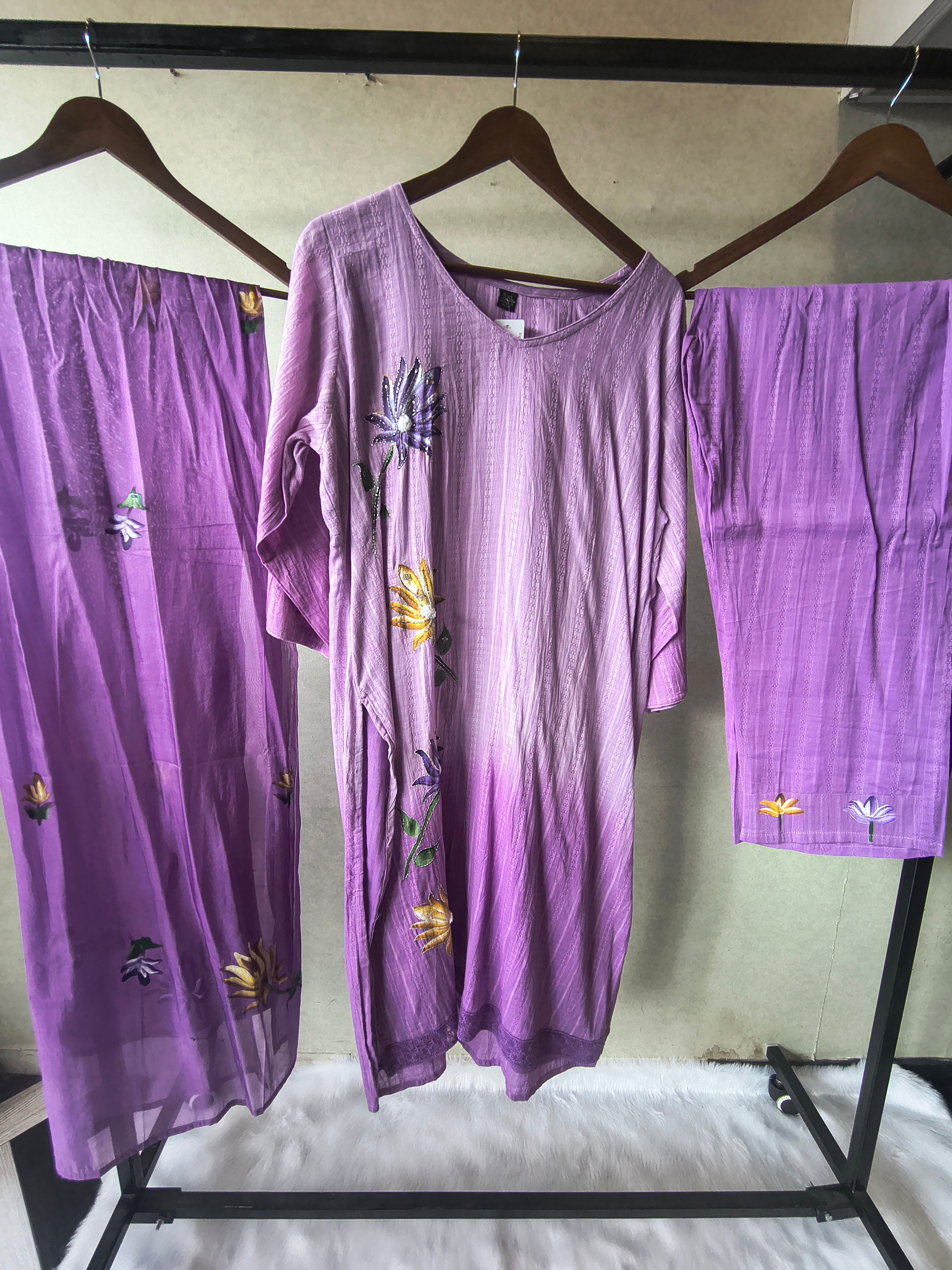 Image of Premium Lavender Embroidered Straight Kurta Set with Floral Dupatta & Straight Pants