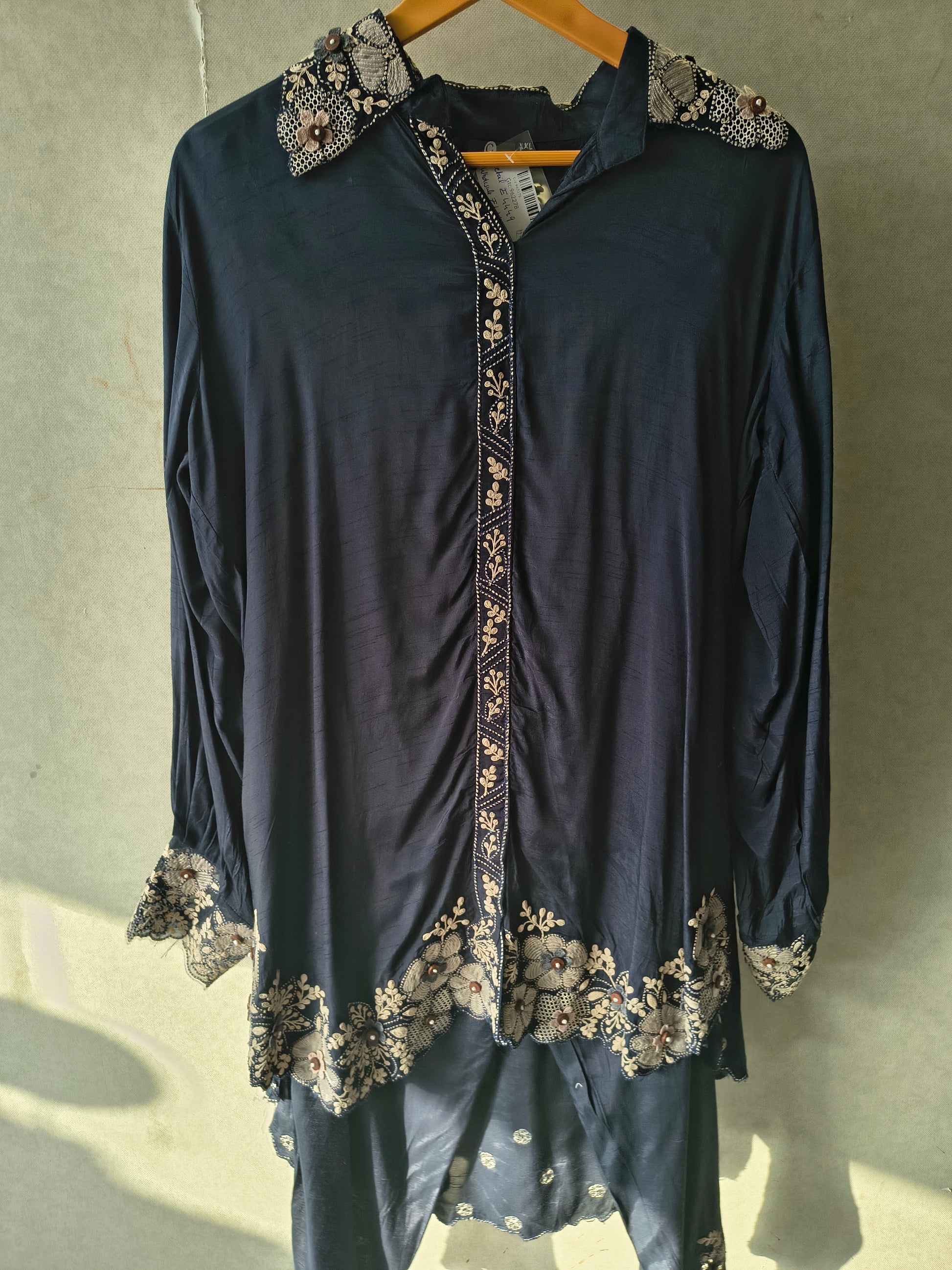 Blue Embroidered Designer Co-Ord Set with Organza Hem