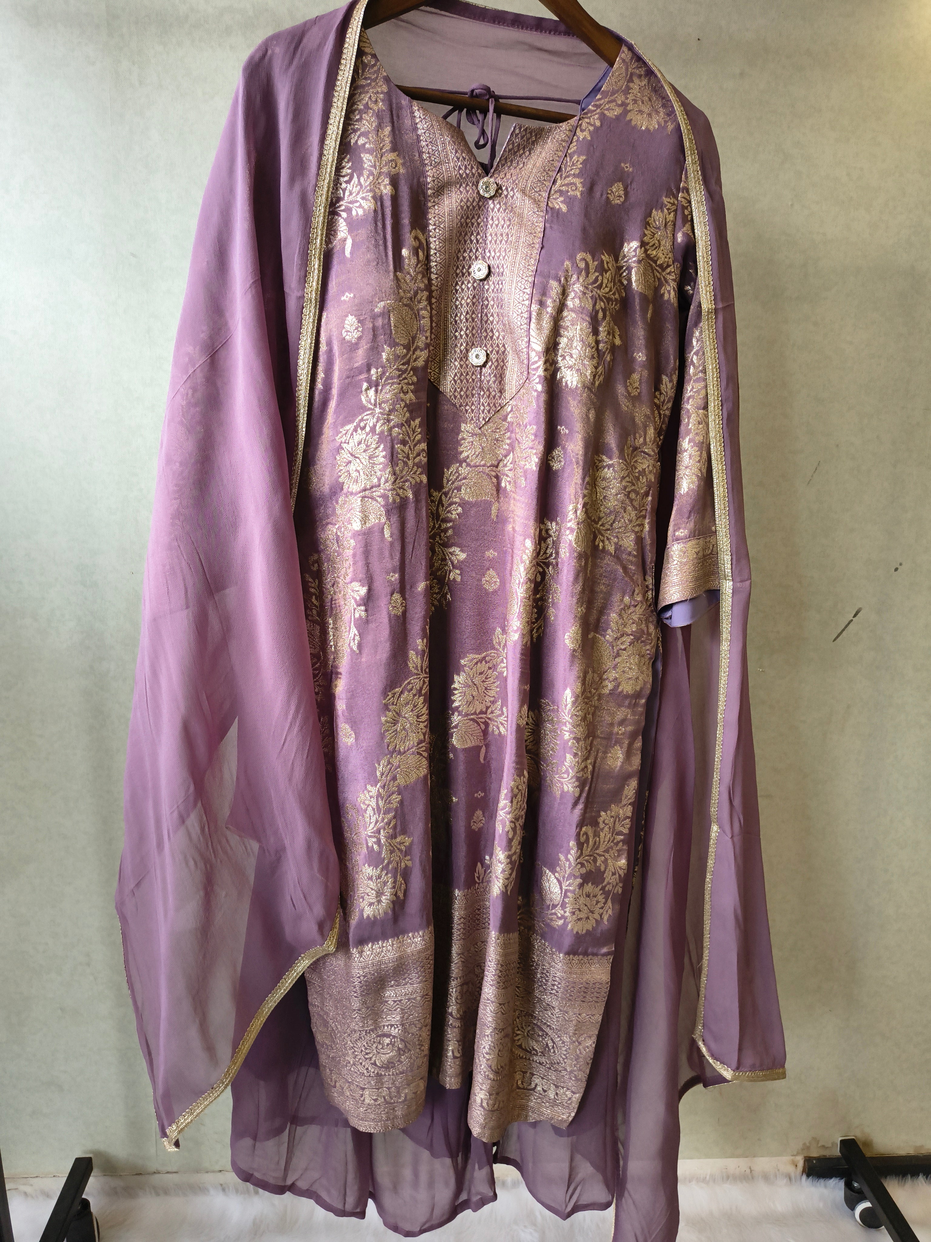 Image of Premium Lavender Jacquard Straight Kurta with Georgette Sharara & Dupatta Set