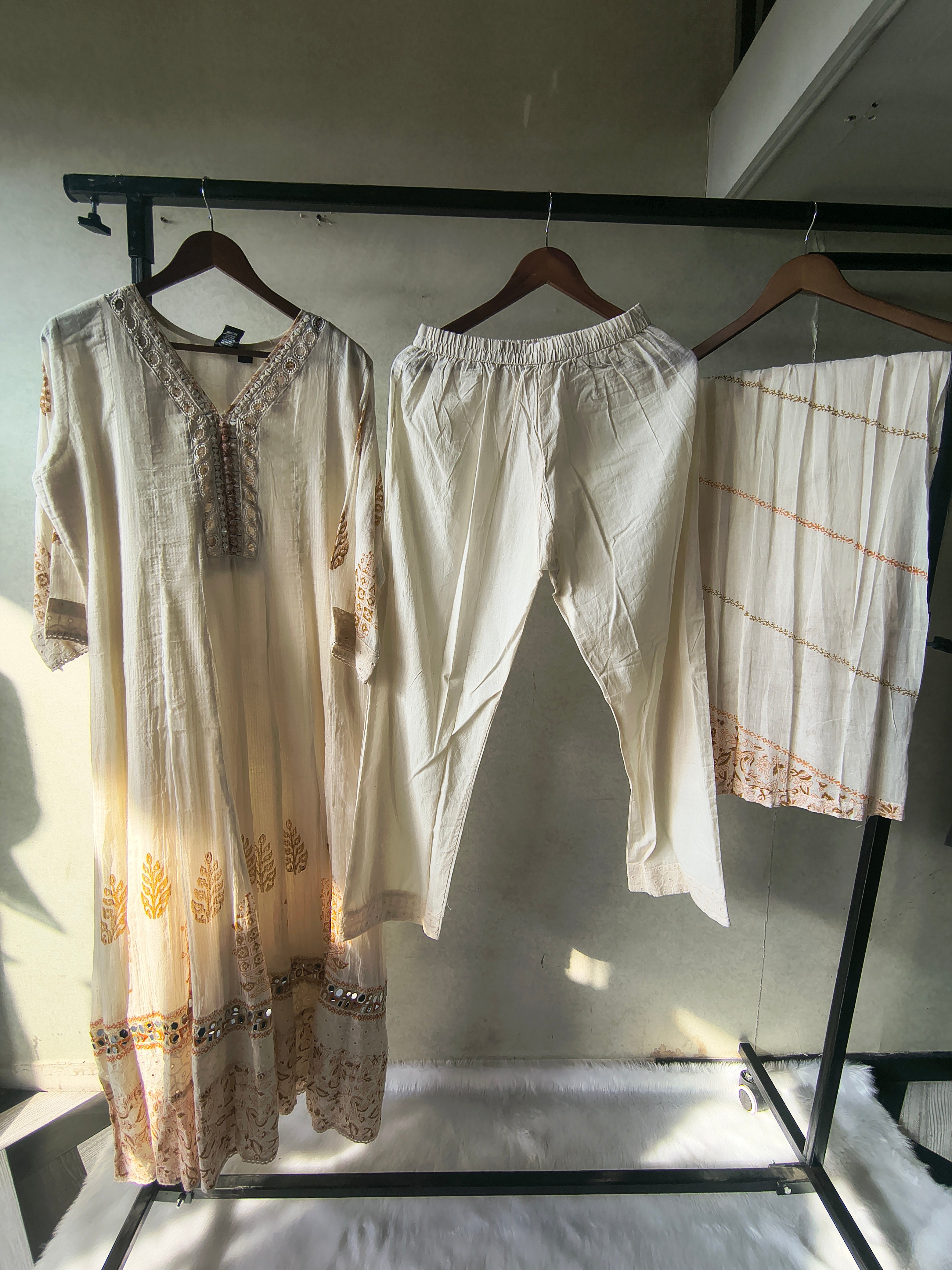 Image of Premium Ivory Embroidered Anarkali Kurta Set with Mirror Work & Cotton Dupatta