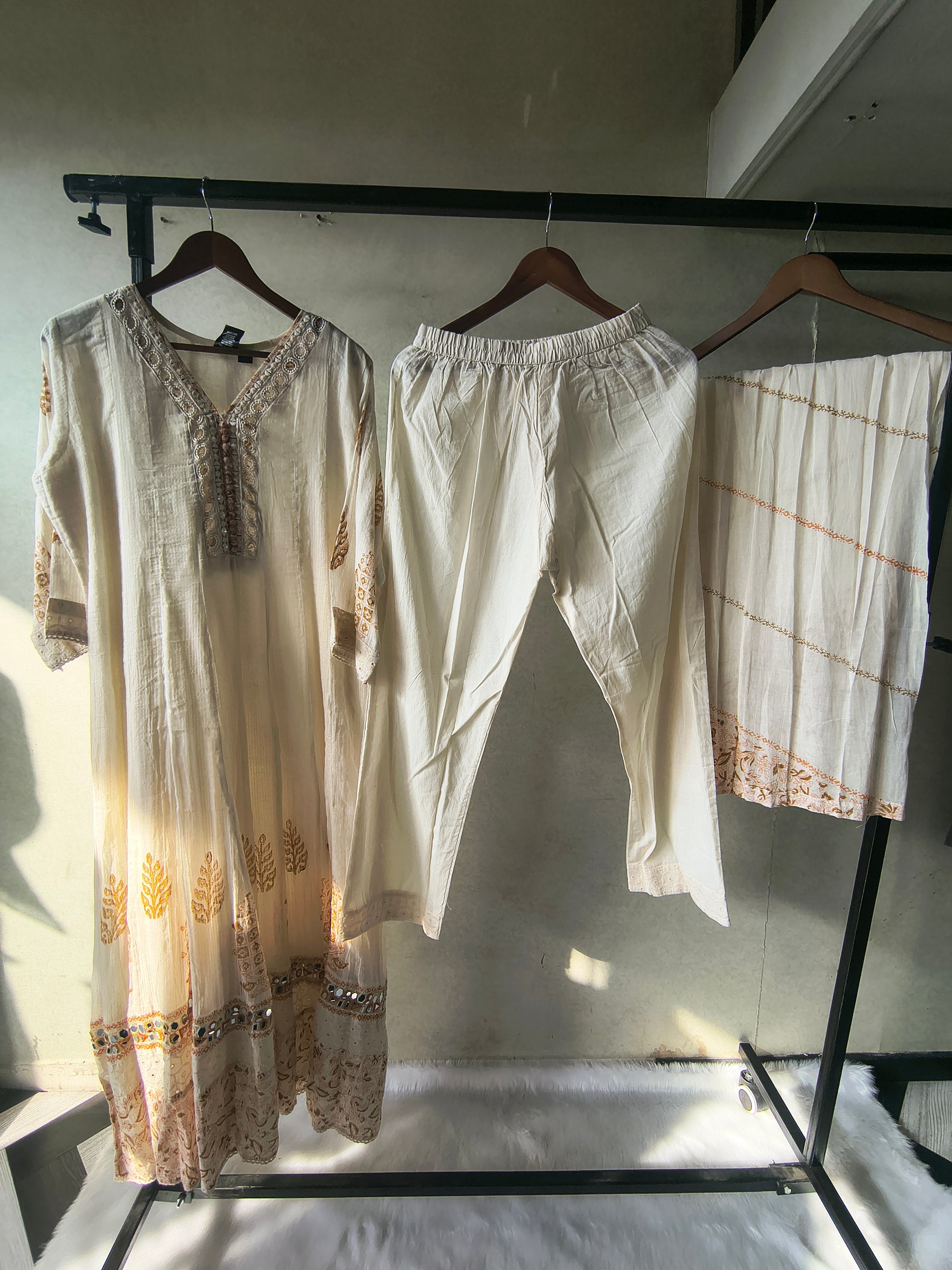 Premium Ivory Embroidered Anarkali Kurta Set with Mirror Work & Cotton Dupatta
