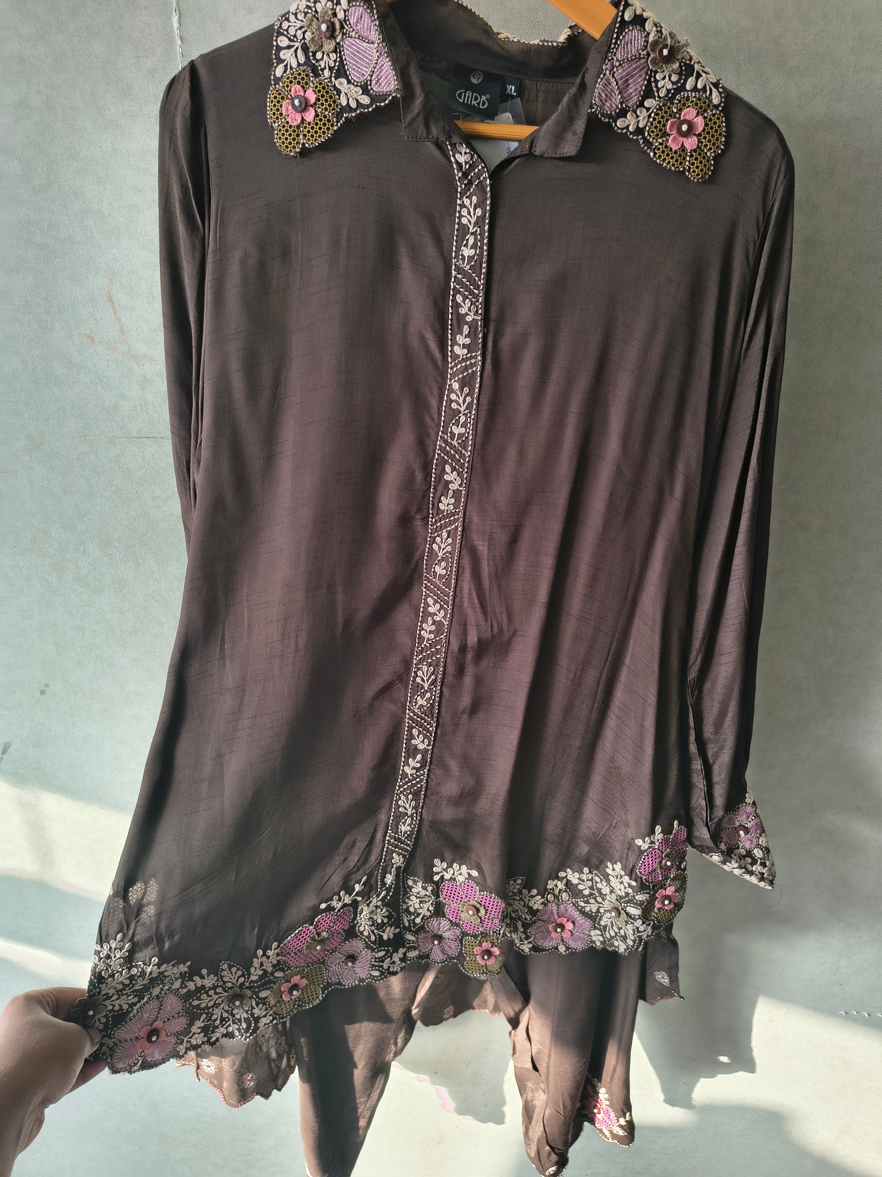 Image of Chocolate Brown Designer Embroidered Co-Ord Set with 3D Floral Appliqué & Organza Hem