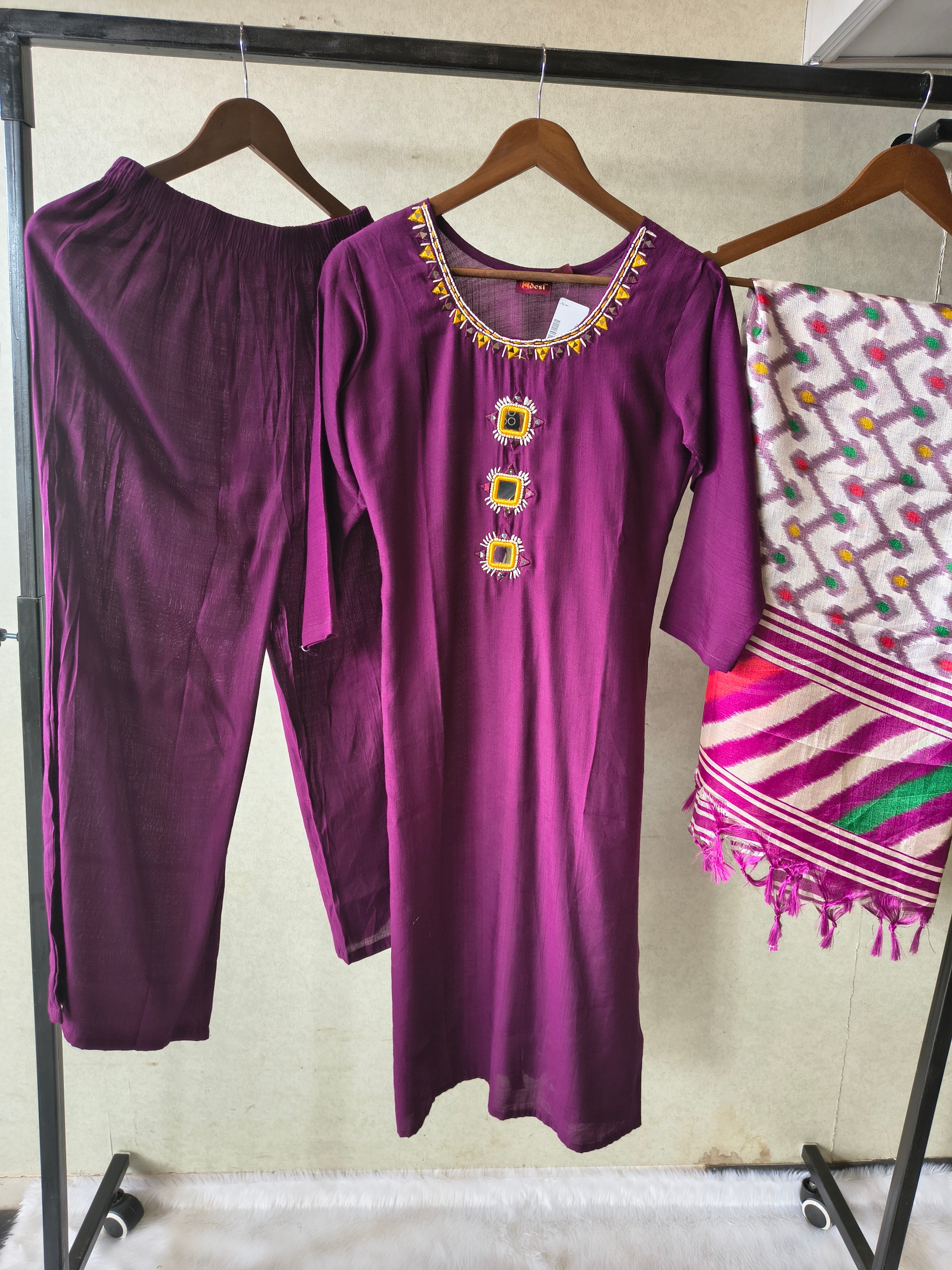 Image of Premium Royal Purple Straight Kurta Set with Mirror Work Neckline, Solid Pants & Ikat Printed Dupatta