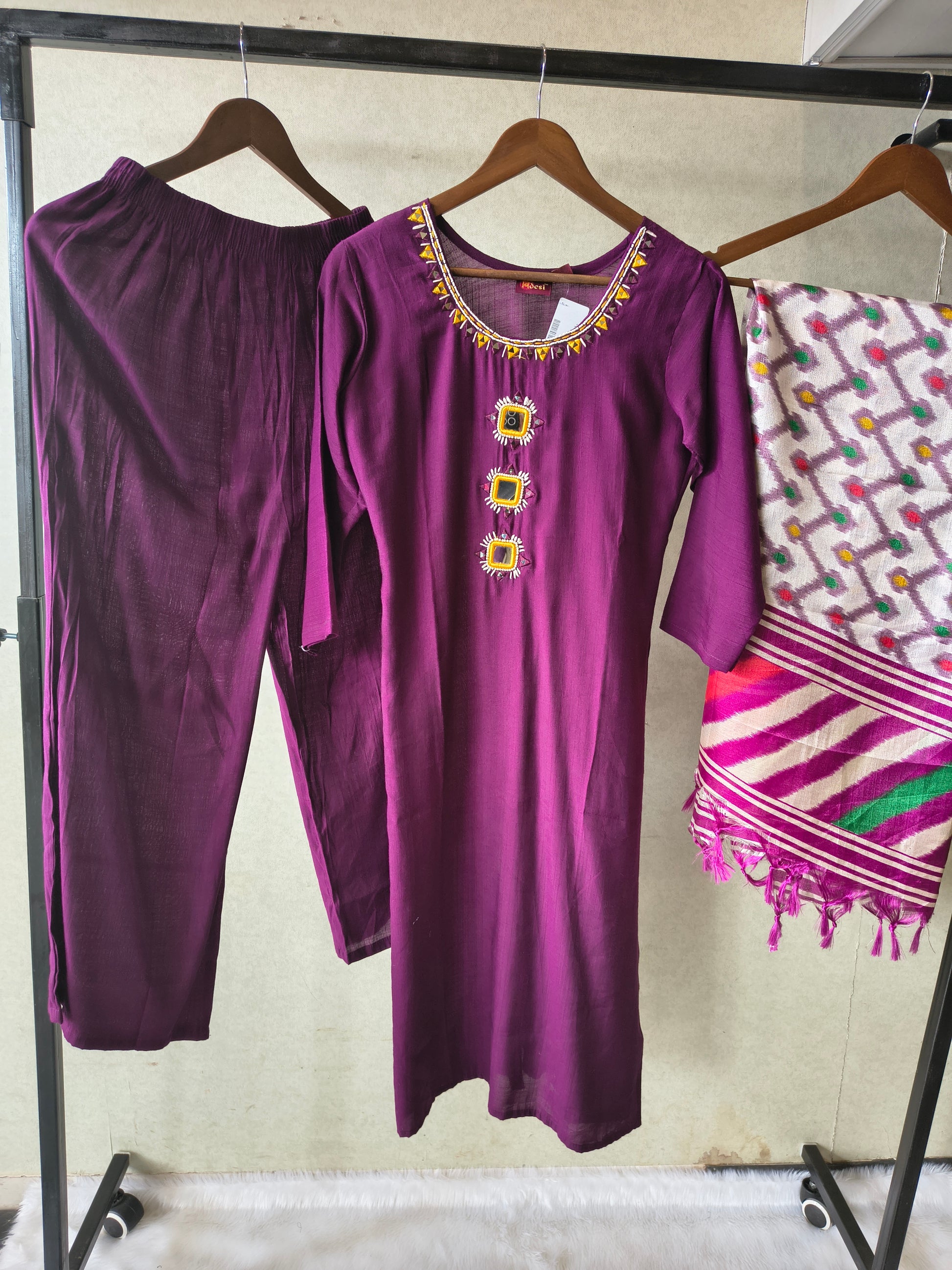 Premium Royal Purple Straight Kurta Set with Mirror Work Neckline, Solid Pants & Ikat Printed Dupatta