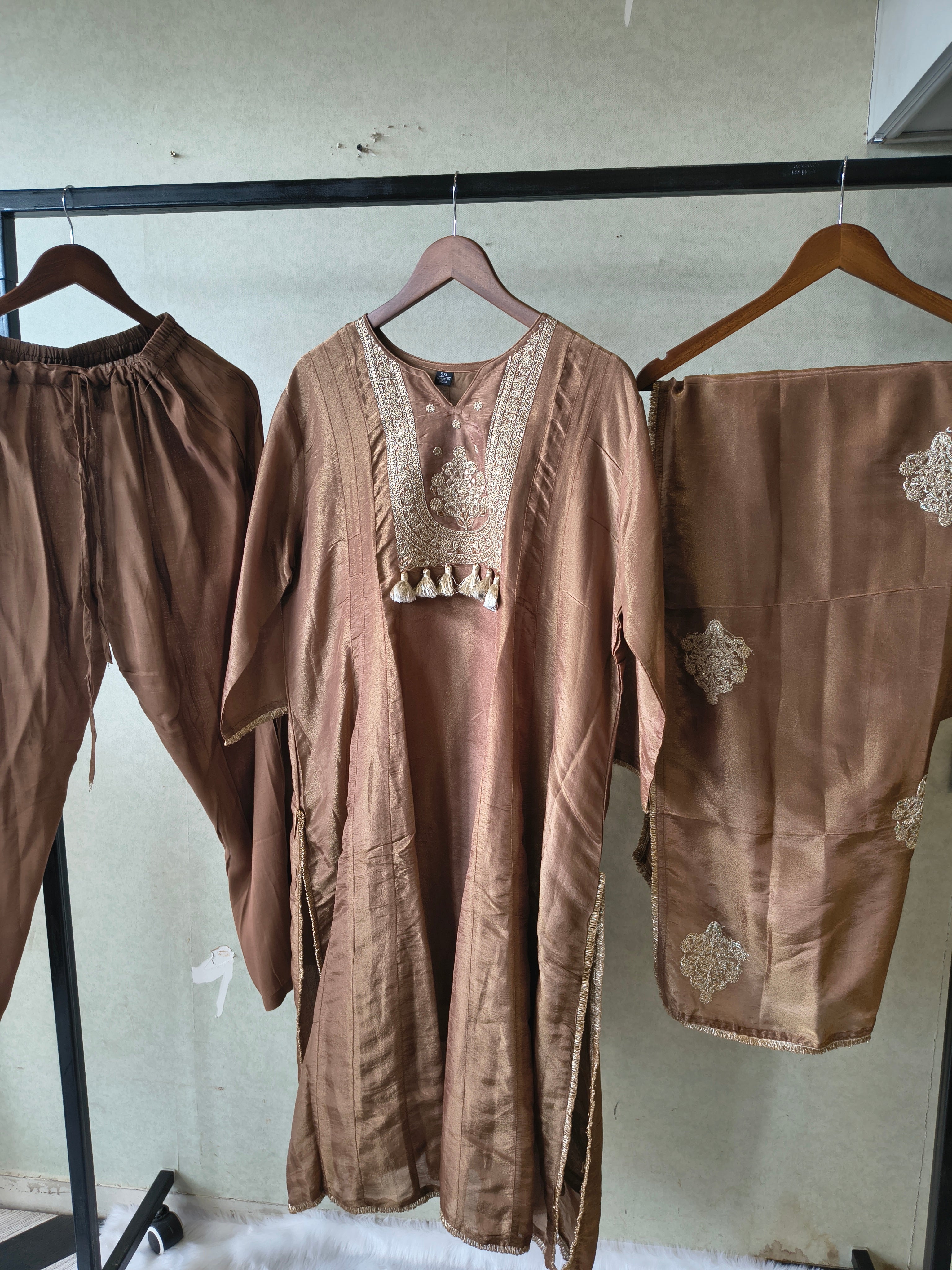 Image of Premium Copper Brown Embroidered A-Line Kurta Set with Dupatta