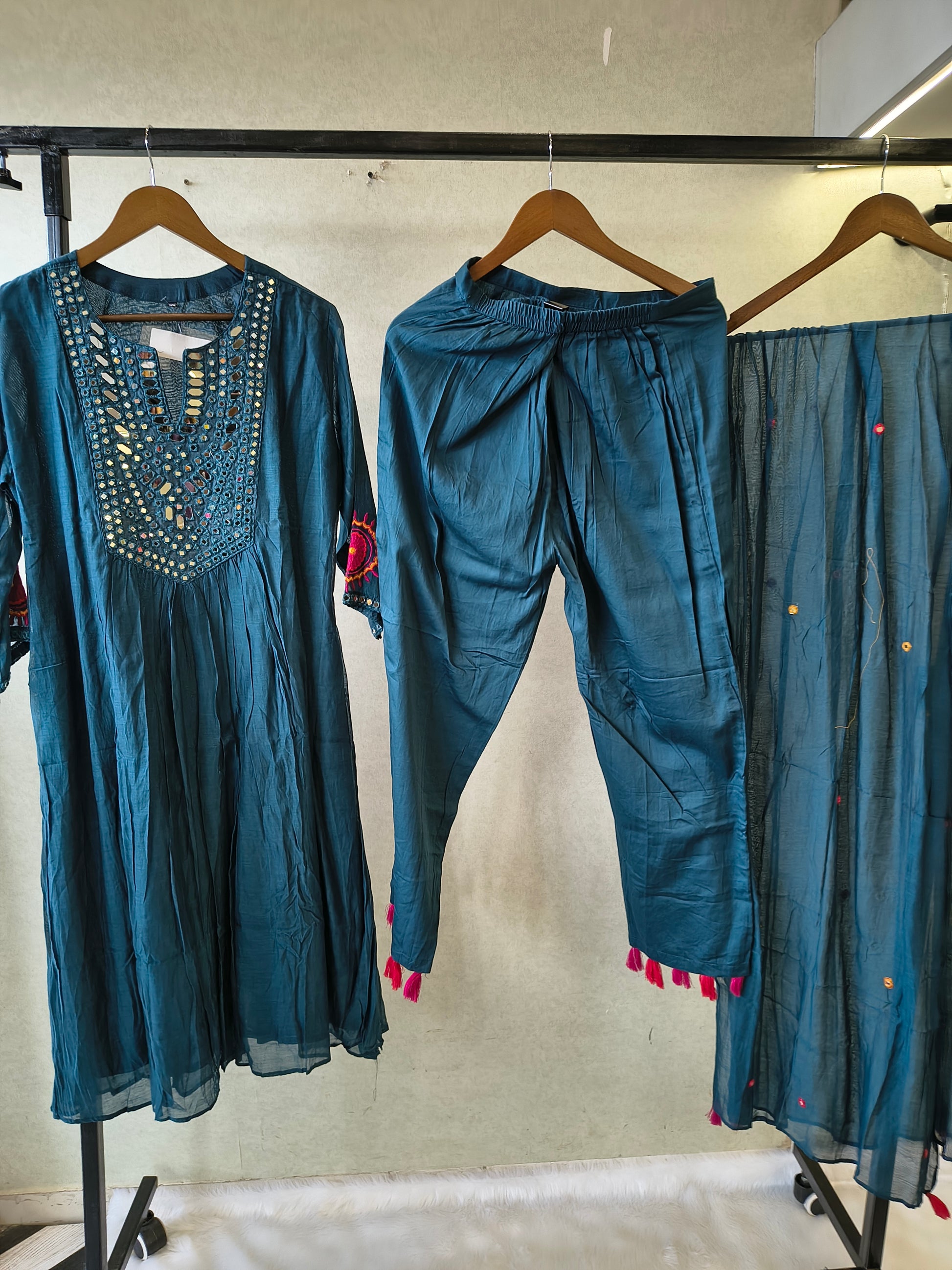 Teal Blue Mirror Work Embroidered Kurta Set with Dupatta | Premium 3 Piece Ethnic Suit