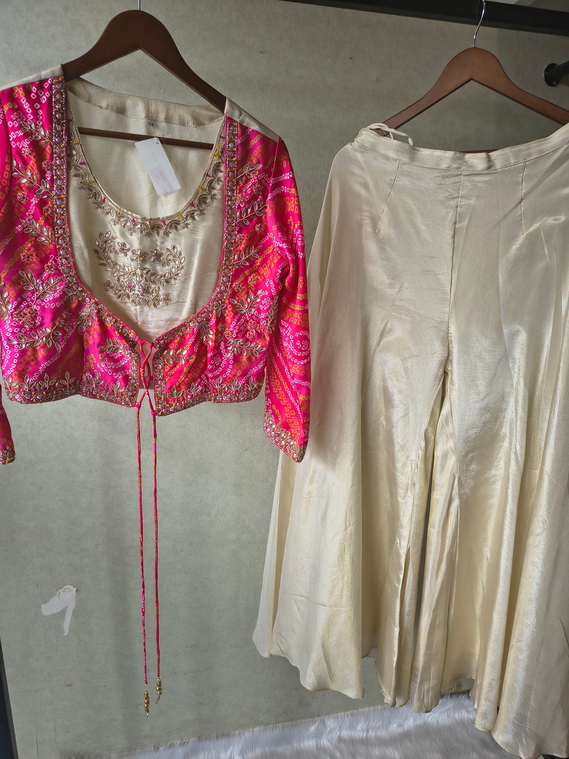 Premium Hot Pink Bandhani Print Embroidered Jacket Blouse with Ivory Flared Palazzo Set
