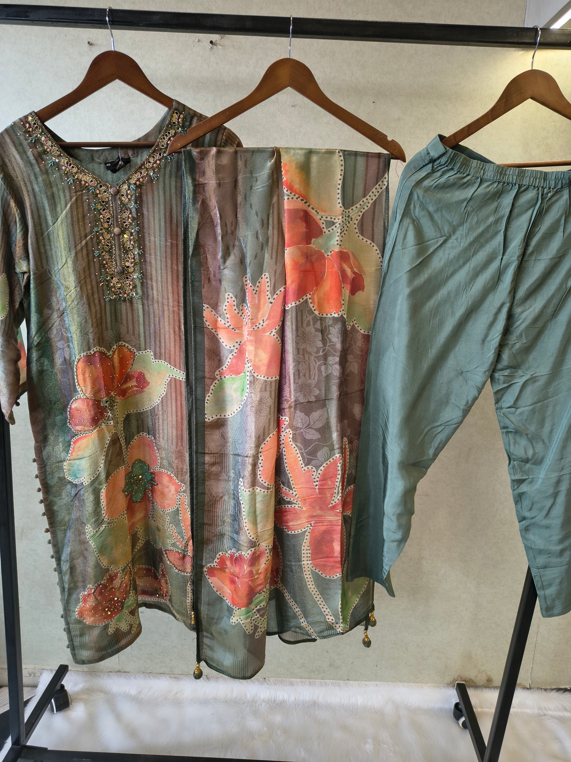 Sage Green Floral Printed Designer Kurta Set with Embellished Neck & Printed Dupatta | Premium 3 Piece Ethnic Suit