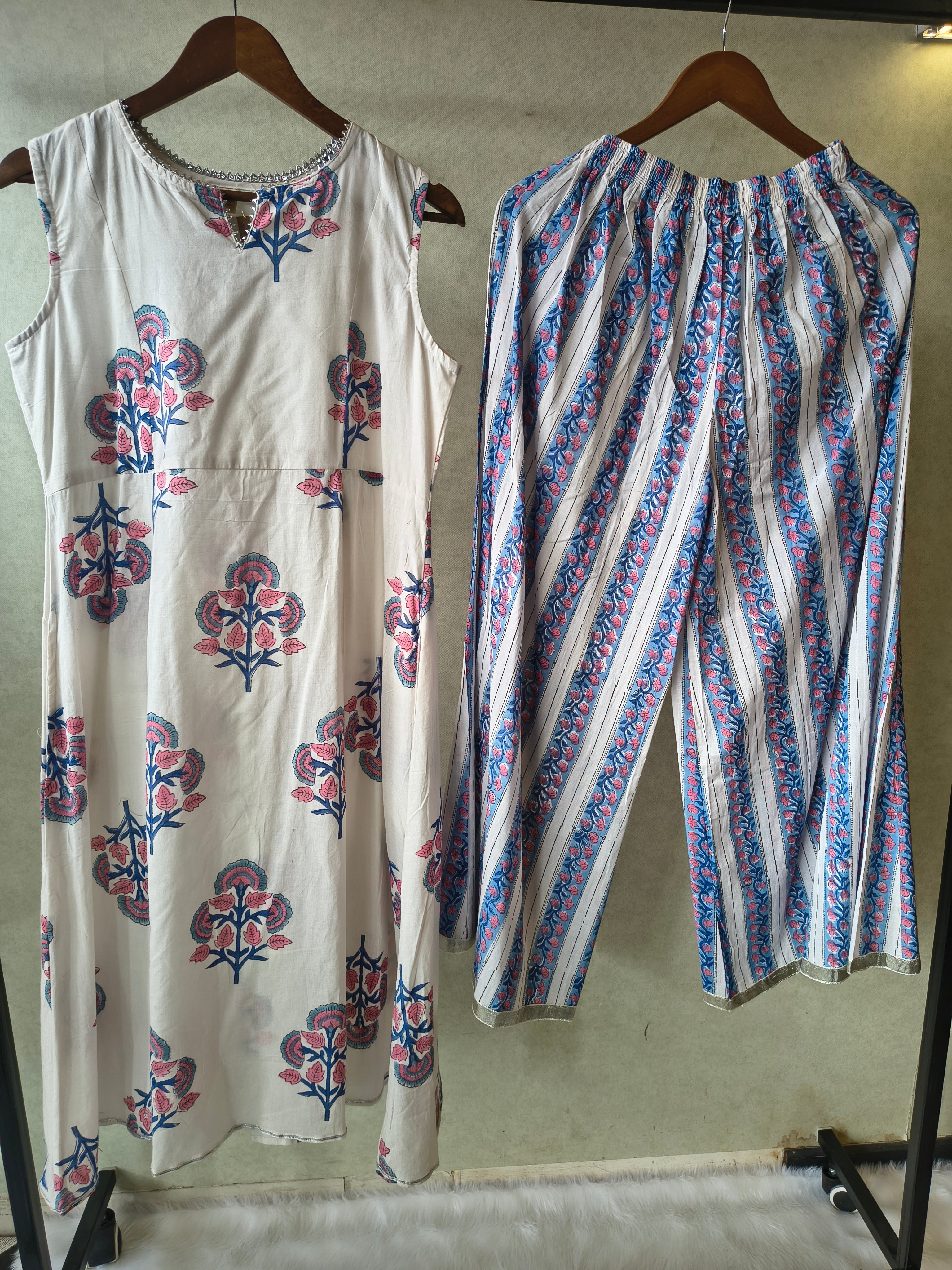 Image of Premium Ivory Floral Block Print Sleeveless Kurta with Printed Palazzo Pants Co-Ord Set