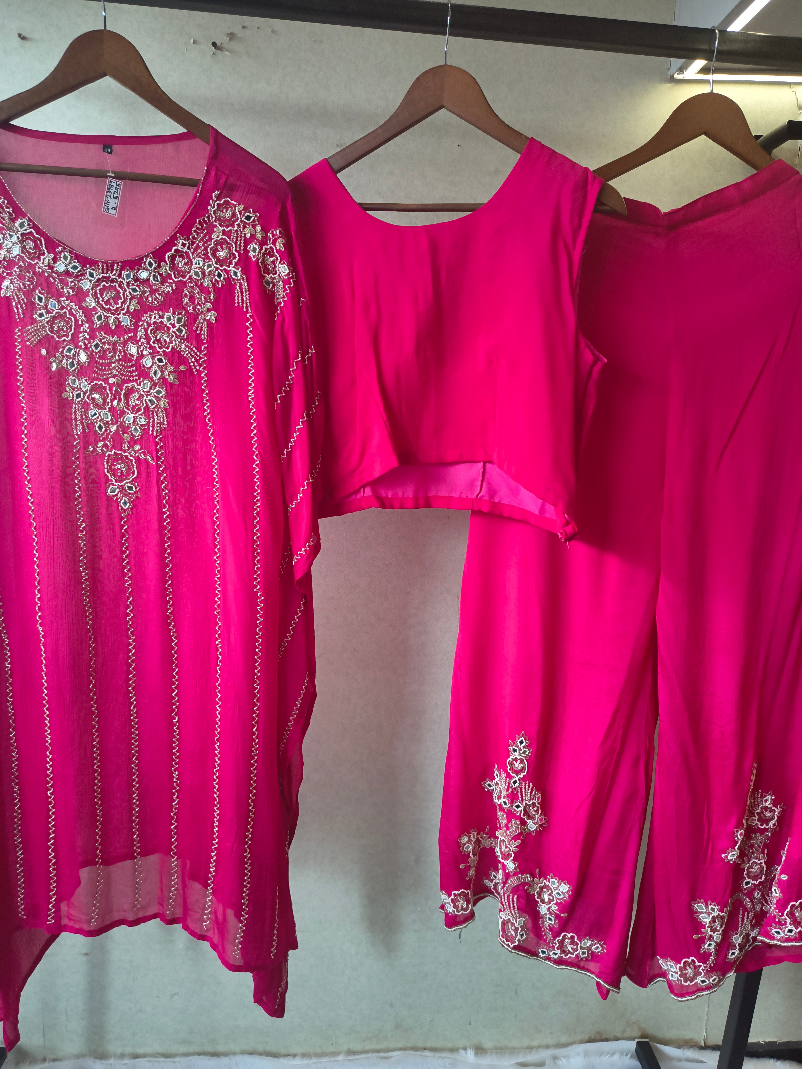 Image of Hot Pink Mirror Embroidered Kaftan Co-Ord Set with Crop Top & Flared Palazzo – Designer 3 Piece Indo-Western Ensemble