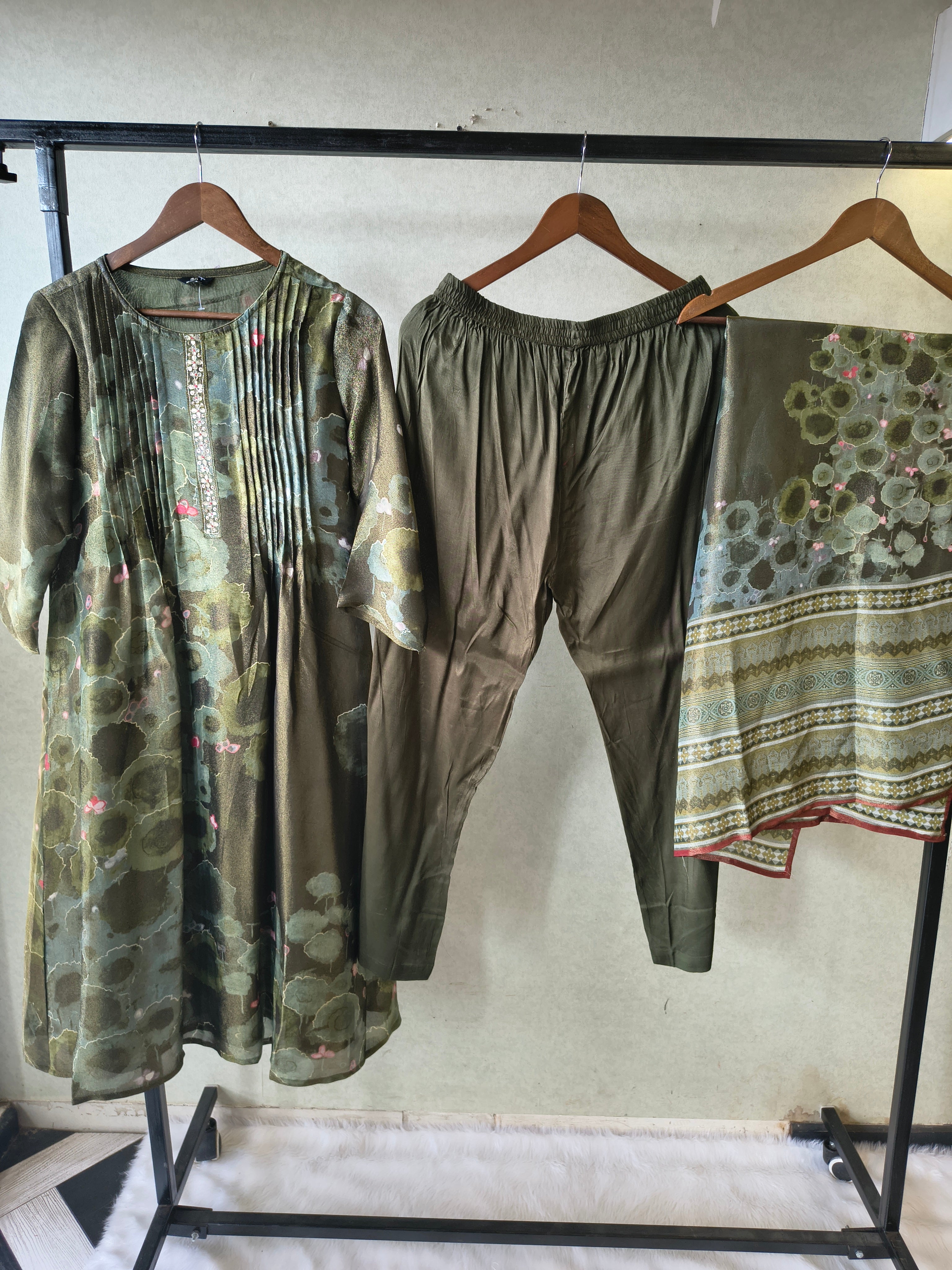 Image of Premium Olive Green Abstract Printed A-Line Kurta Set with Dupatta