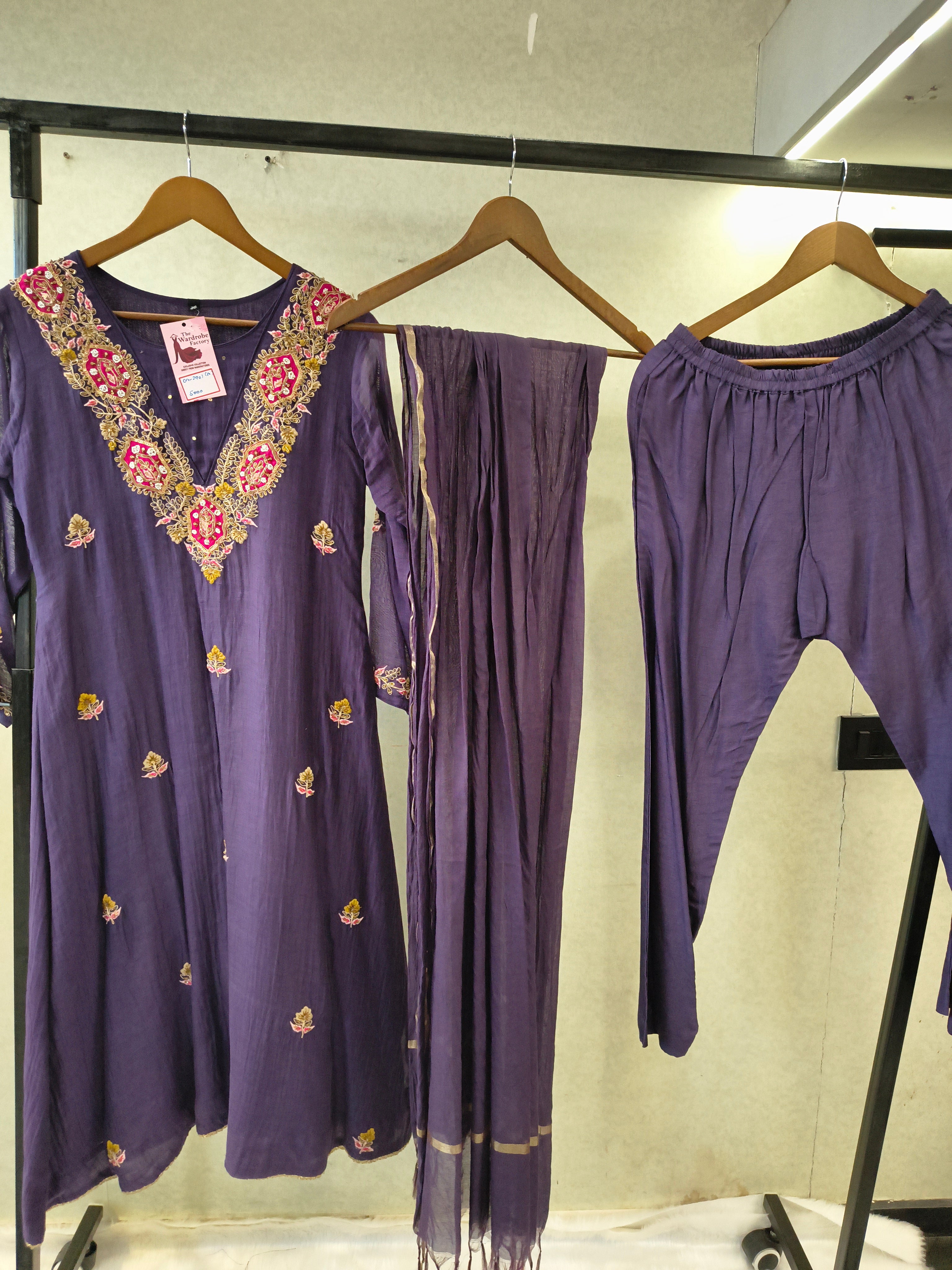Image of Midnight Navy Hand-Embroidered Straight Kurta Set with Statement Neckline, Churidar Pants & Tassel Dupatta | Premium 3 Piece Festive Ensemble