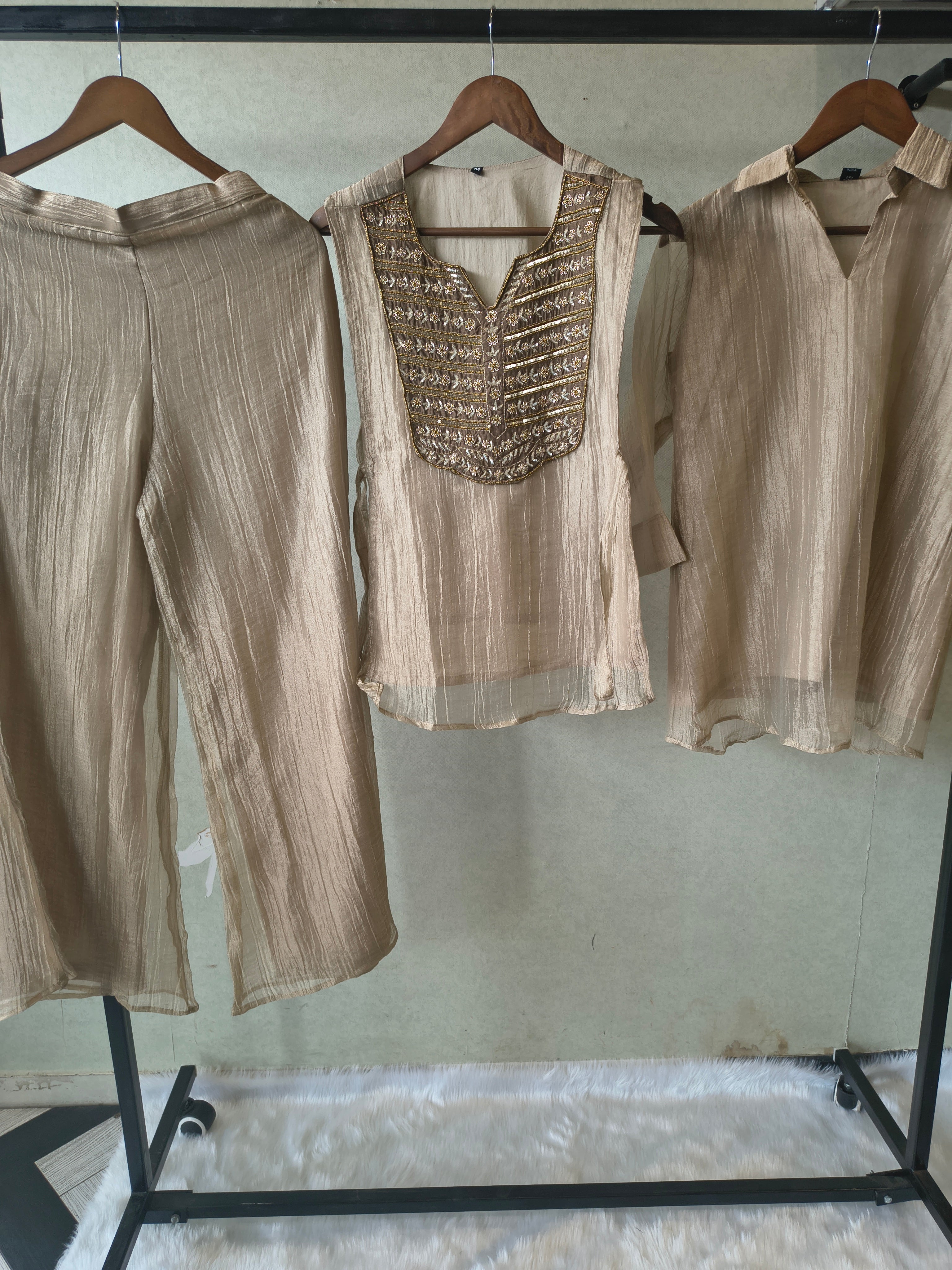 Image of Premium Champagne Gold Tissue Silk 3-Piece Co-Ord Set with Antique Zari Embroidered Jacket, Inner & Palazzo
