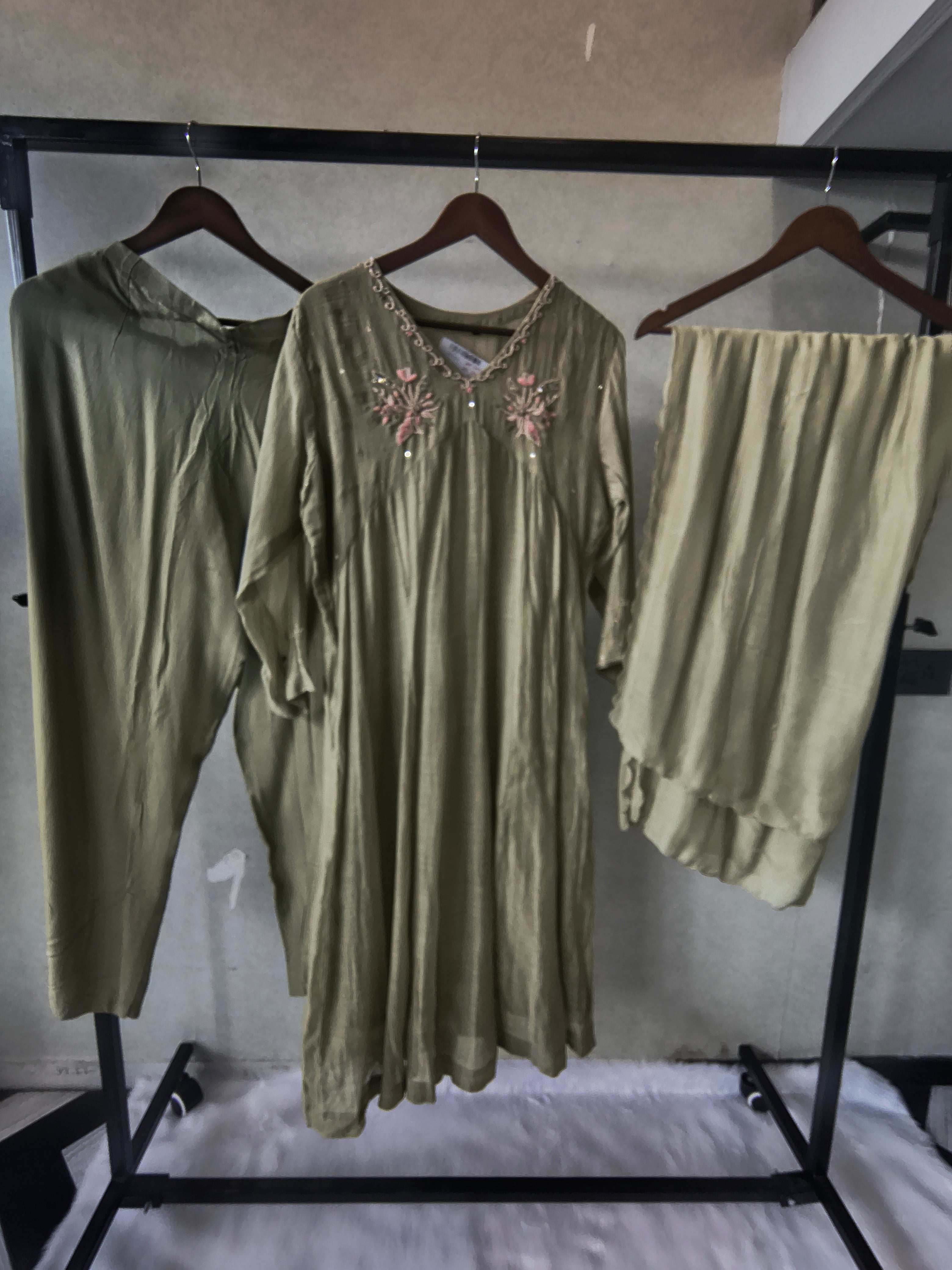 Image of Premium Olive Green Embroidered A-Line Kurta Set with Dupatta