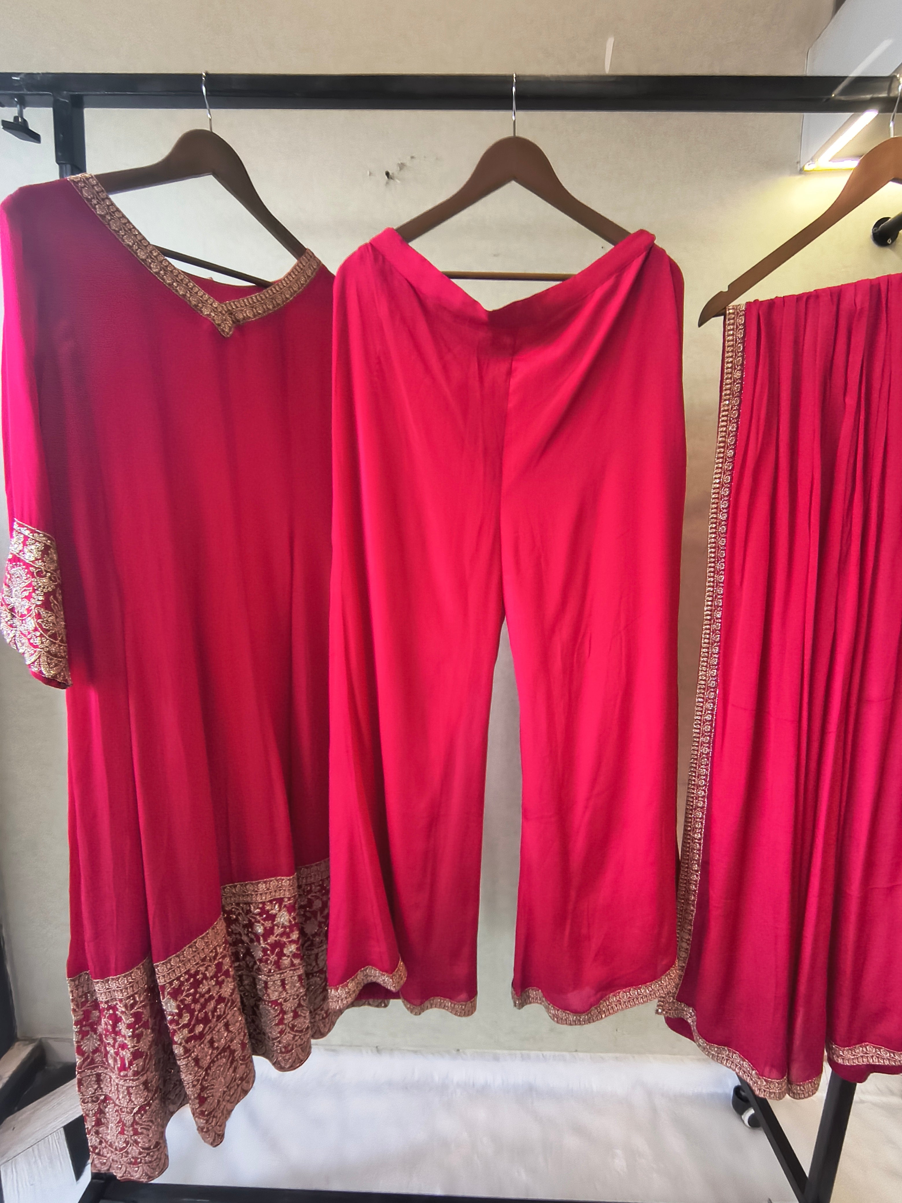 Image of Rani Pink Embroidered Straight Kurta Set with Dupatta | Premium 3 Piece Festive Ethnic Suit