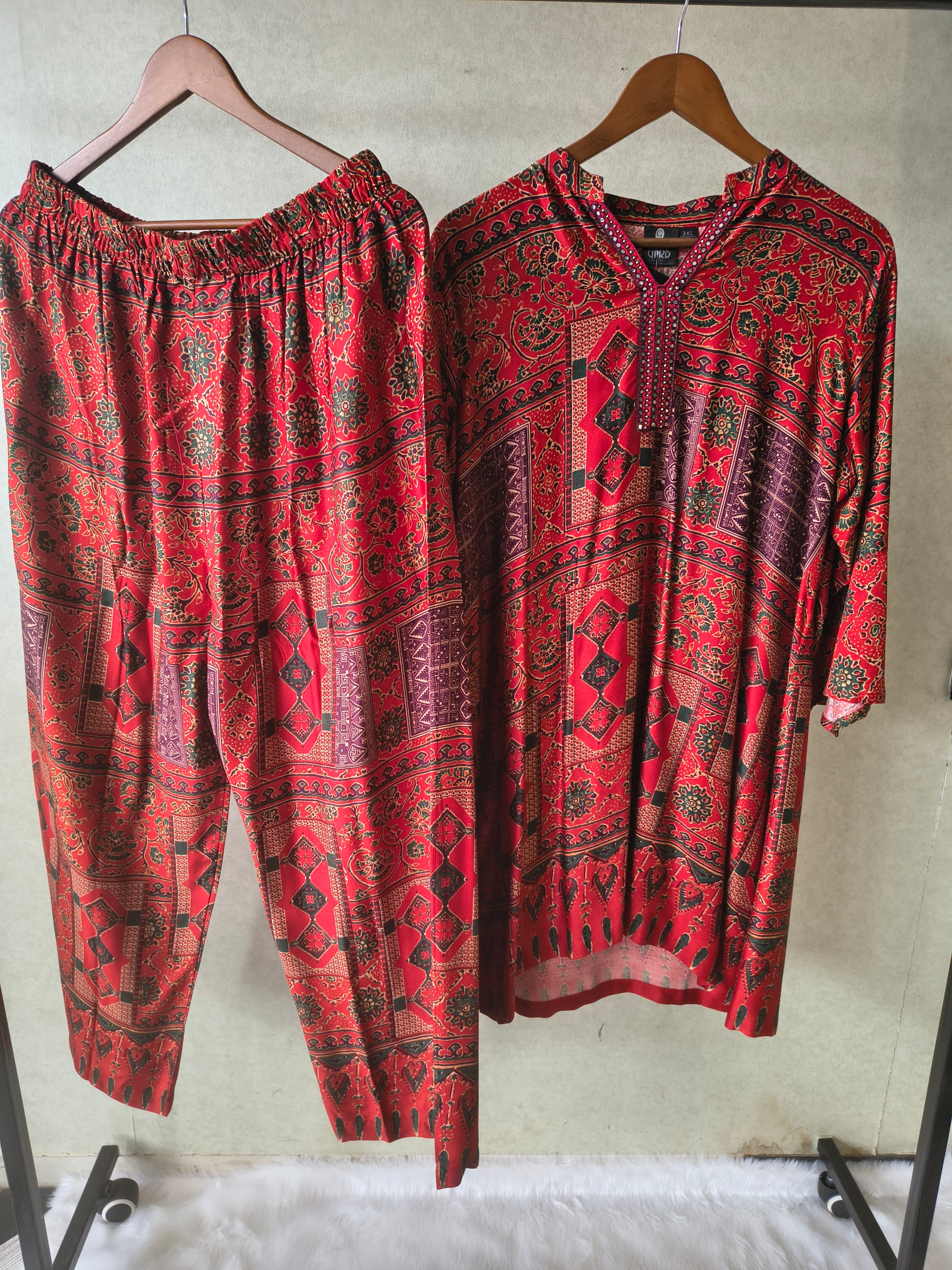 Image of Premium Rust Red Tribal Print Co-Ord Kurta Set with Straight Pants