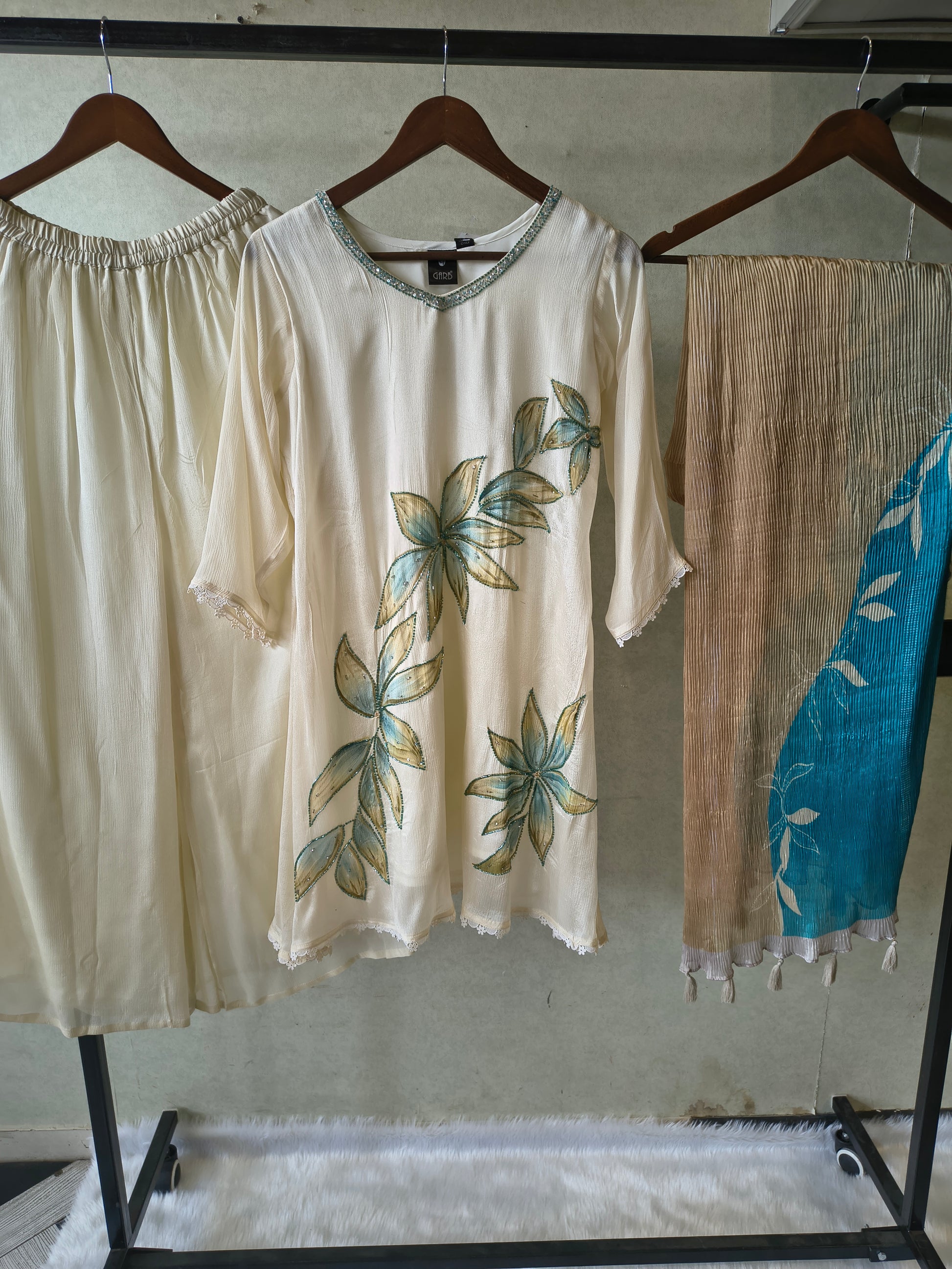 Ivory Floral Hand-Painted Three-Piece Kurta Set with Palazzo & Ombre Dupatta