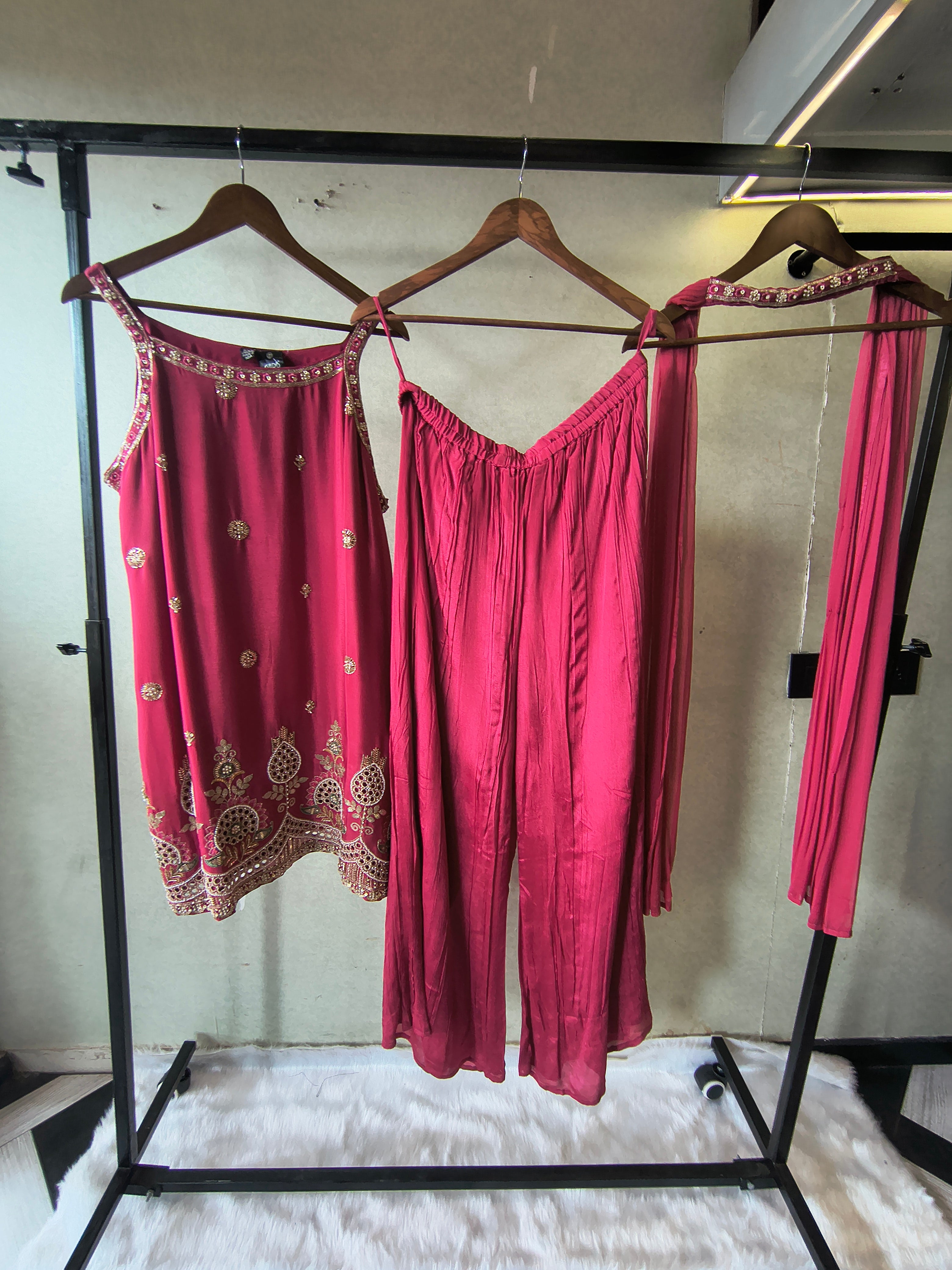 Image of Rani Pink Hand Embroidered Kurta Set with Designer Palazzo & Embellished Dupatta – Premium 3 Piece Festive Ensemble