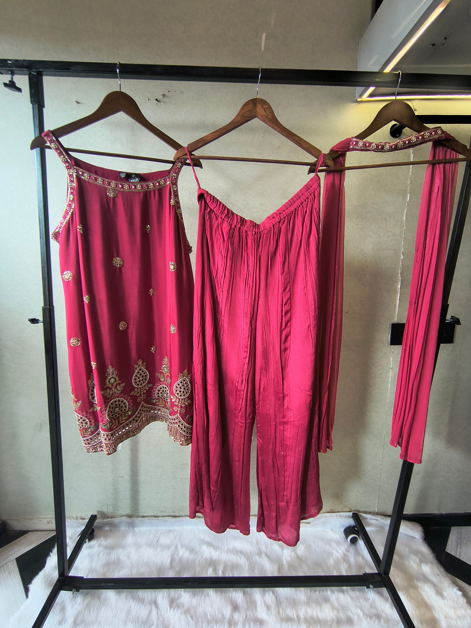 Rani Pink Hand Embroidered Kurta Set with Designer Palazzo & Embellished Dupatta – Premium 3 Piece Festive Ensemble