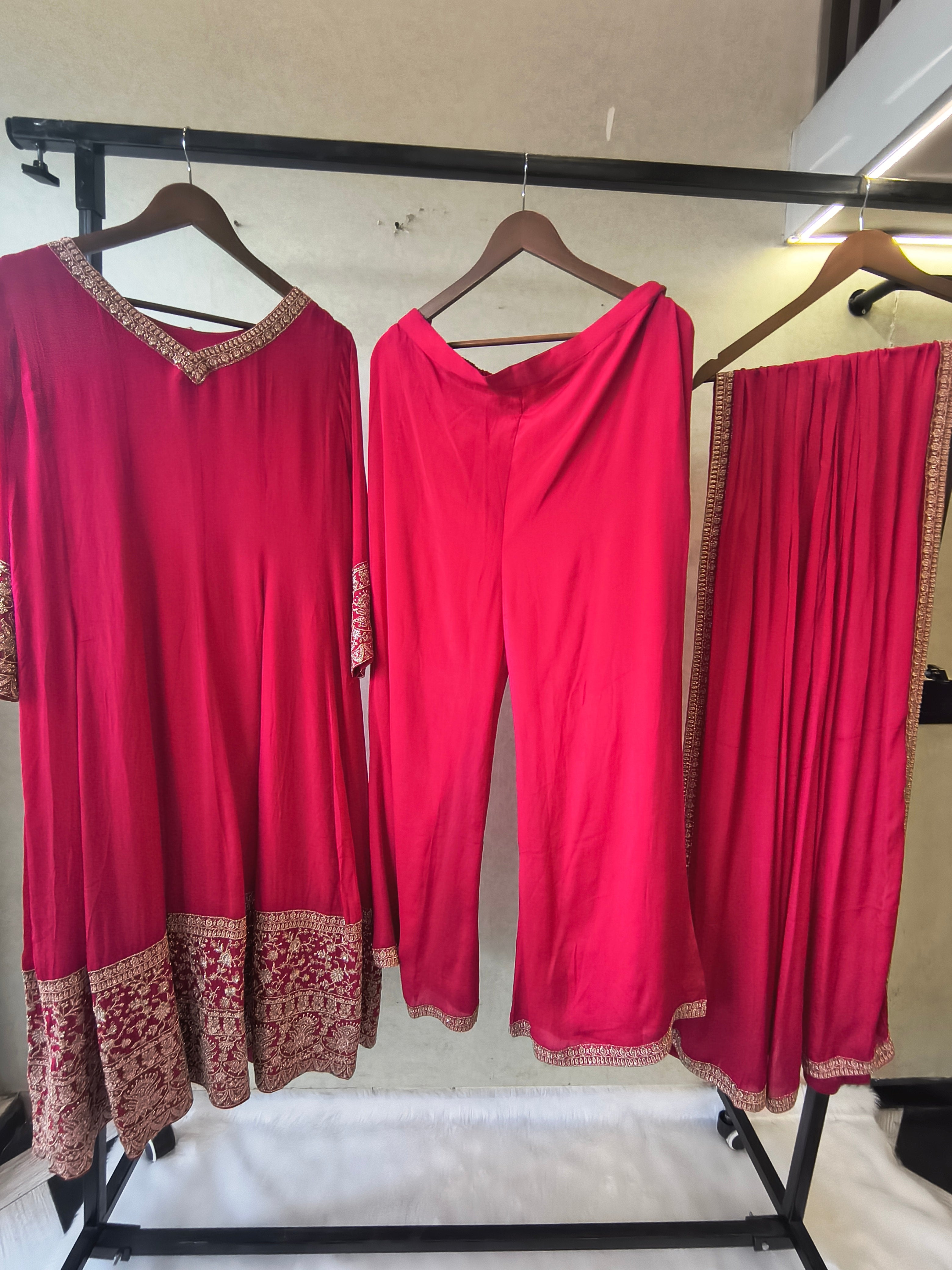 Image of Rani Pink Embroidered Straight Kurta Set with Dupatta | Premium 3 Piece Festive Ethnic Suit