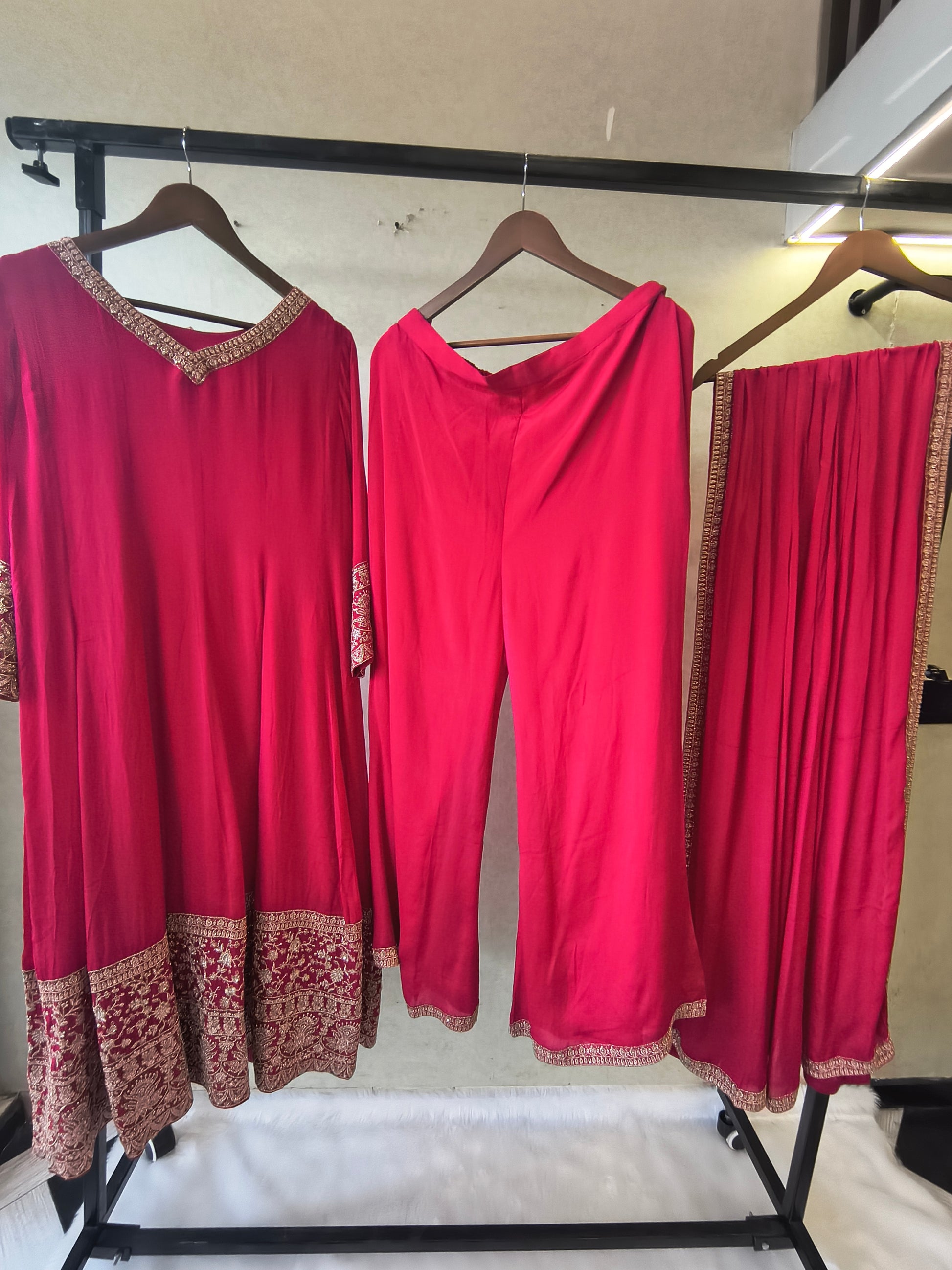 Rani Pink Embroidered Straight Kurta Set with Dupatta | Premium 3 Piece Festive Ethnic Suit