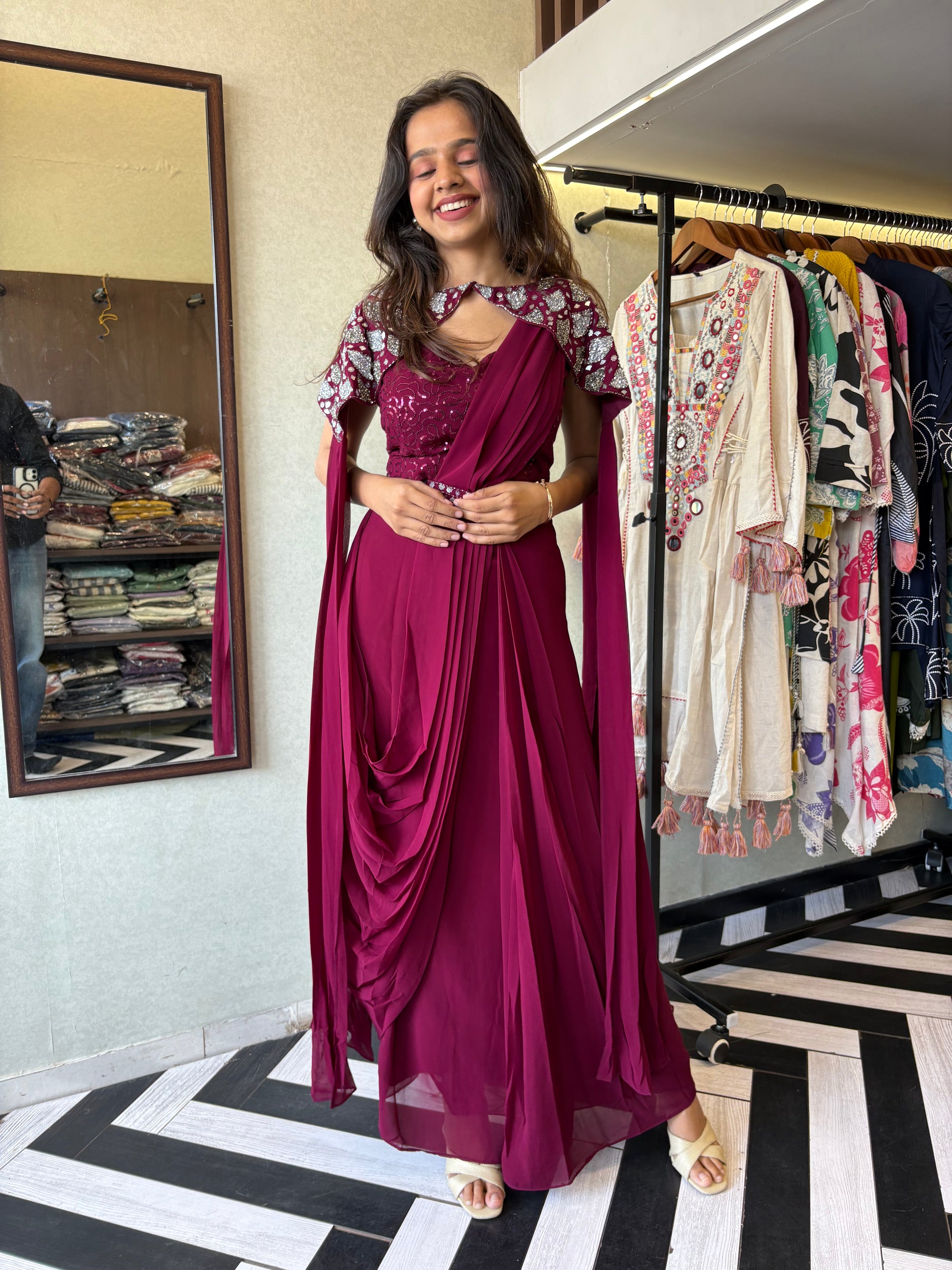 Our Maroon Georgette 3-Piece Saree-Style Indo-Western Set, where classic charm meets modern flair.