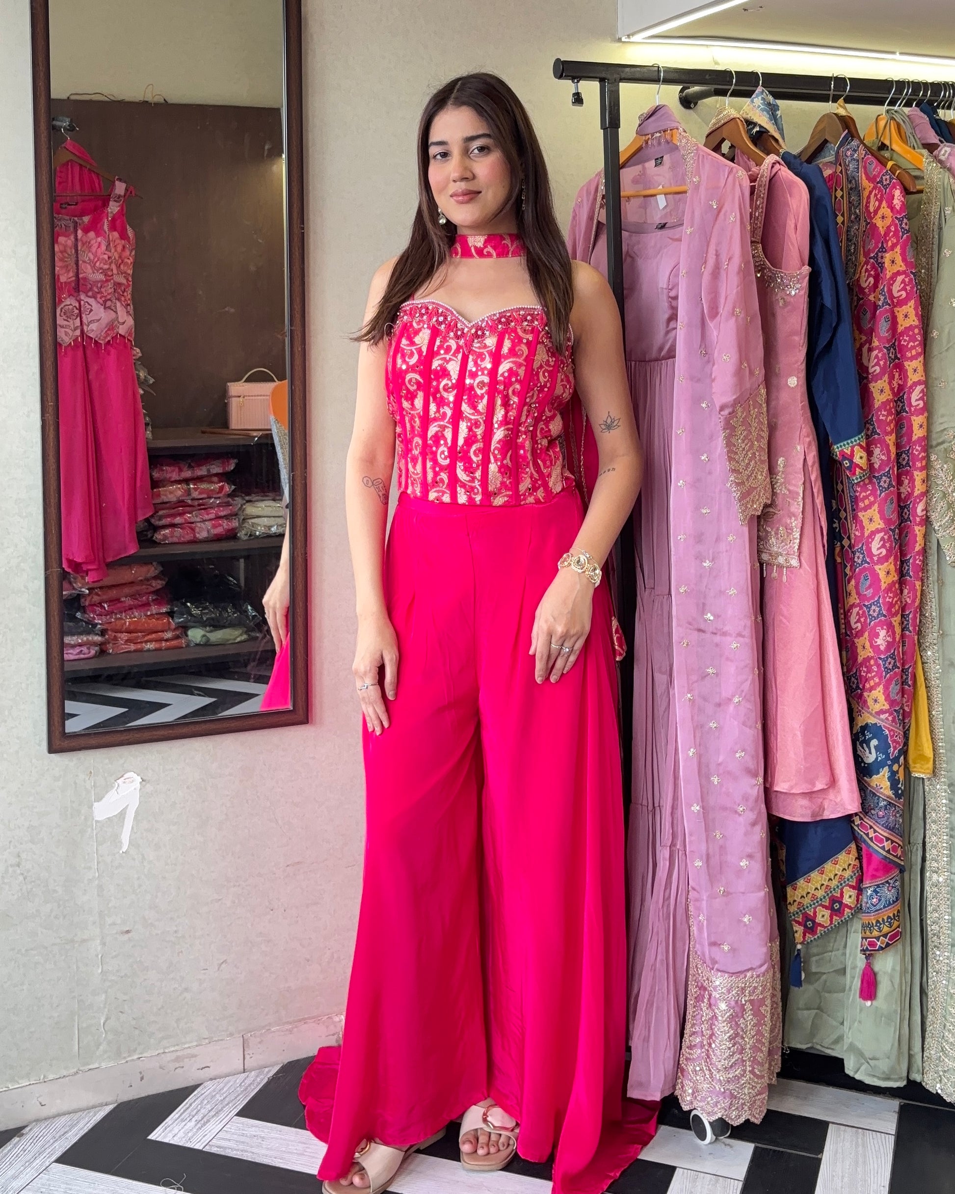 ✨ Pure Jacquard × Crepe Palazzo Indo-Western Set ✨