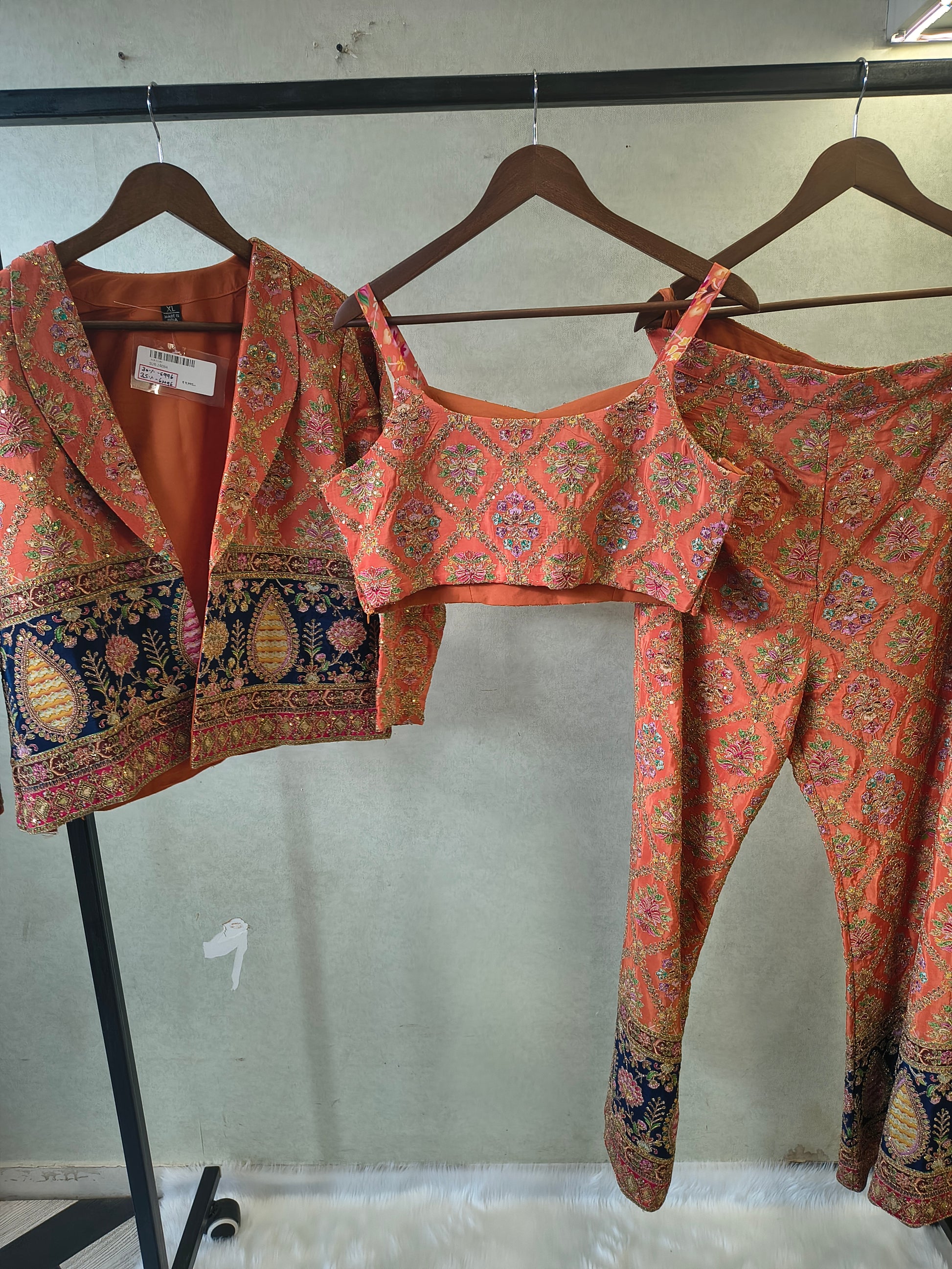 Luxury Coral Brocade Bralette with Embroidered Jacket & Designer Brocade Pants – 3 Piece Indo-Western Co-Ord Set