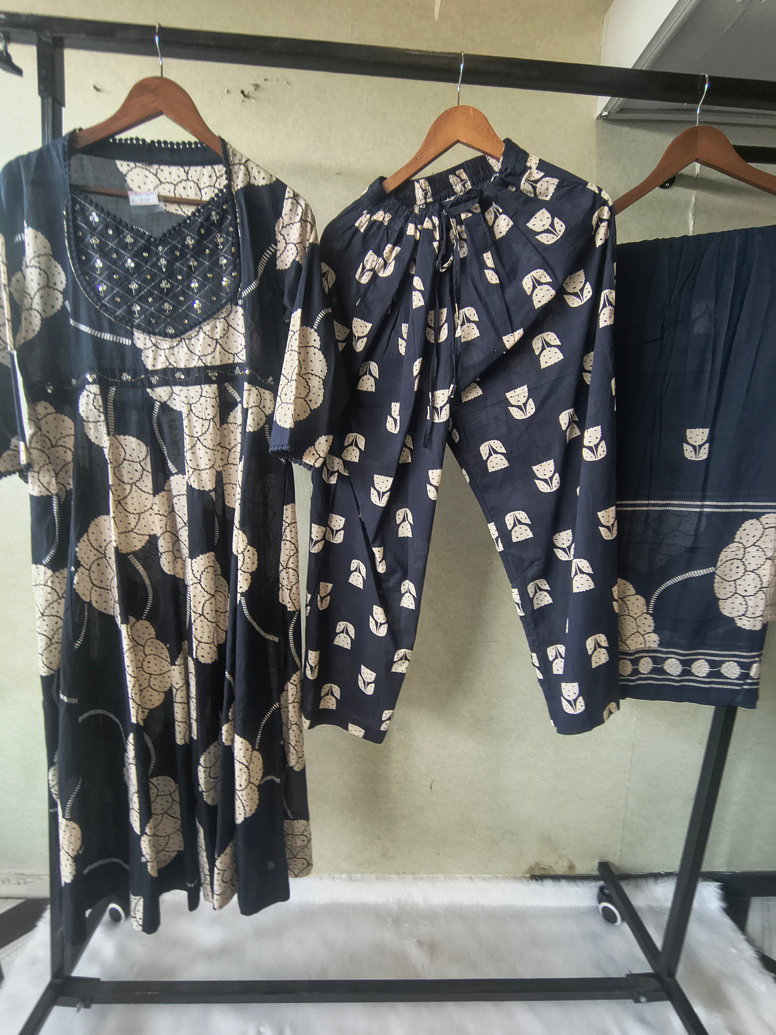 Image of Premium Navy Blue Handblock Printed Cotton Anarkali Suit Set with Printed Pants & Dupatta
