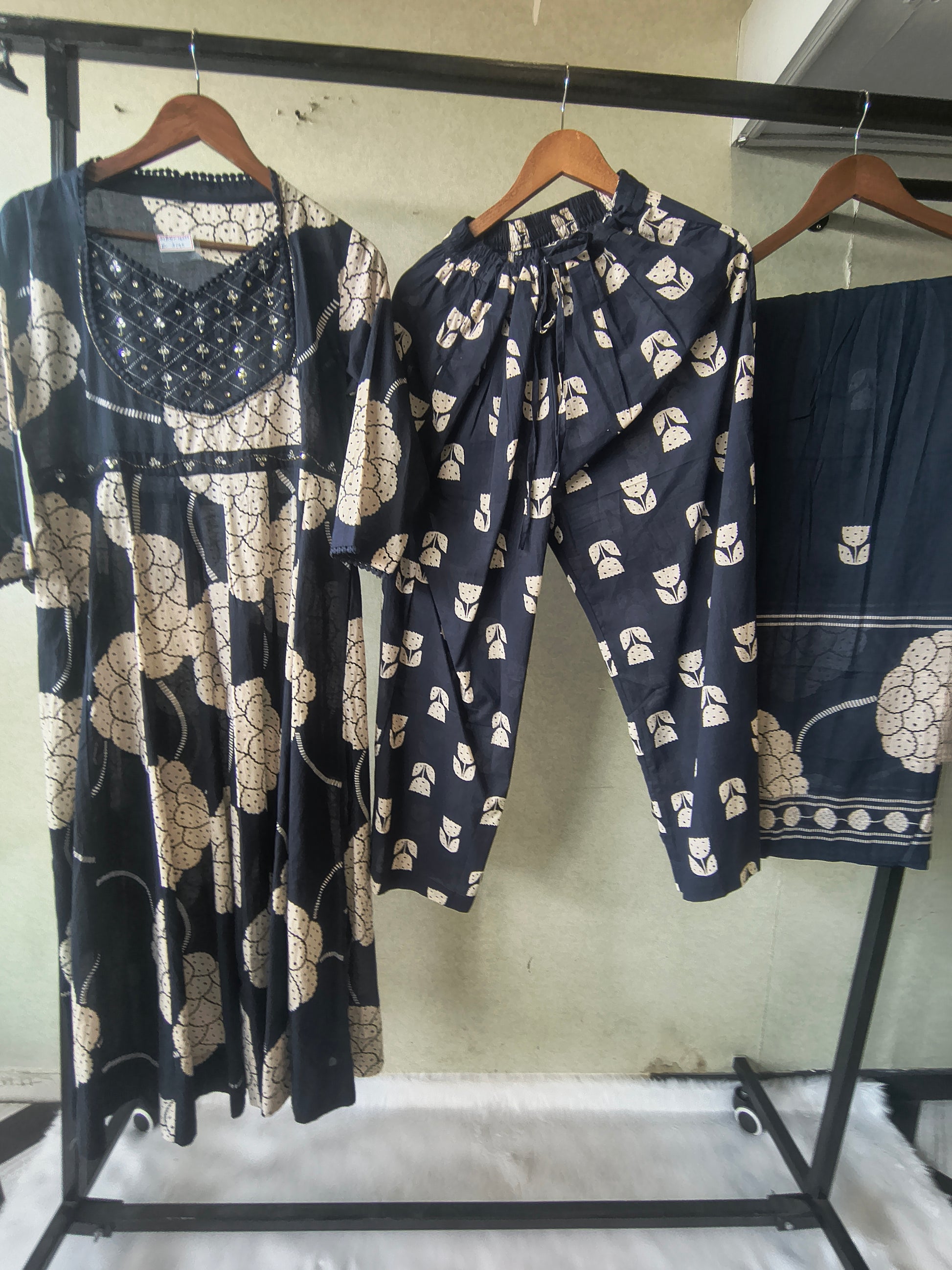 Premium Navy Blue Handblock Printed Cotton Anarkali Suit Set with Printed Pants & Dupatta