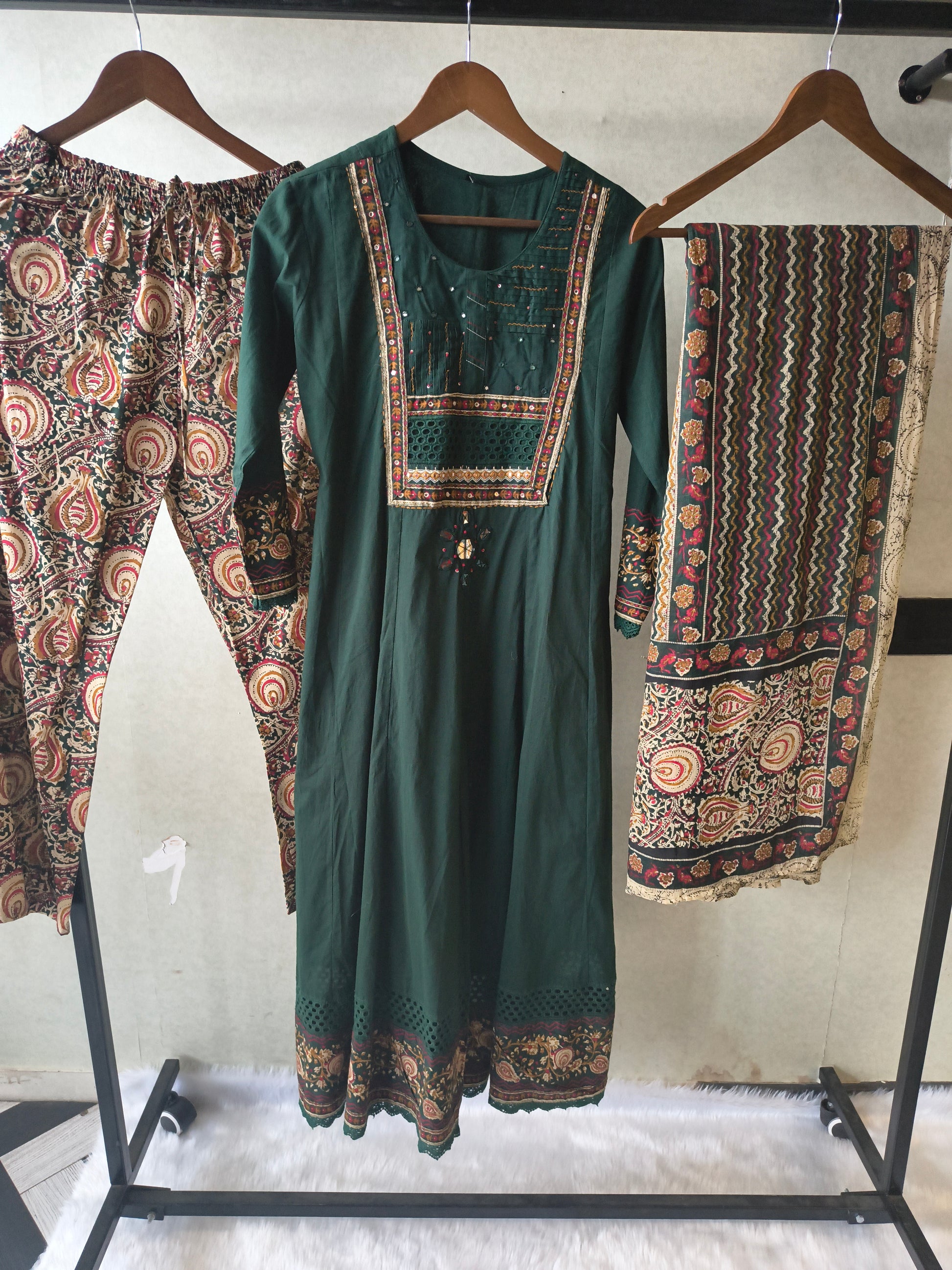Emerald Green Embroidered Three-Piece Kurta Set with Printed Pant & Designer Dupatta