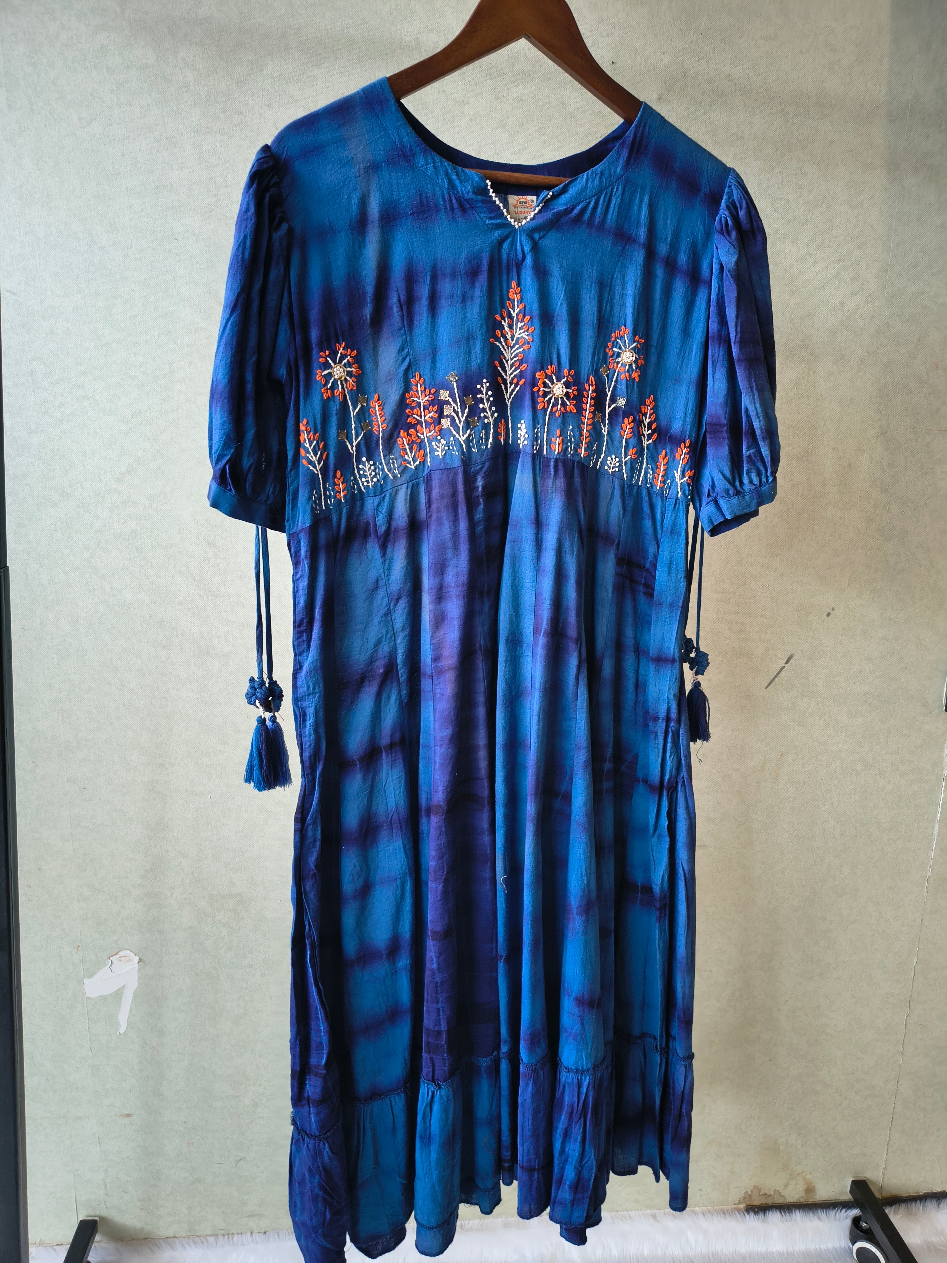 Image of Premium Indigo Tie-Dye Embroidered Cotton Flared Dress