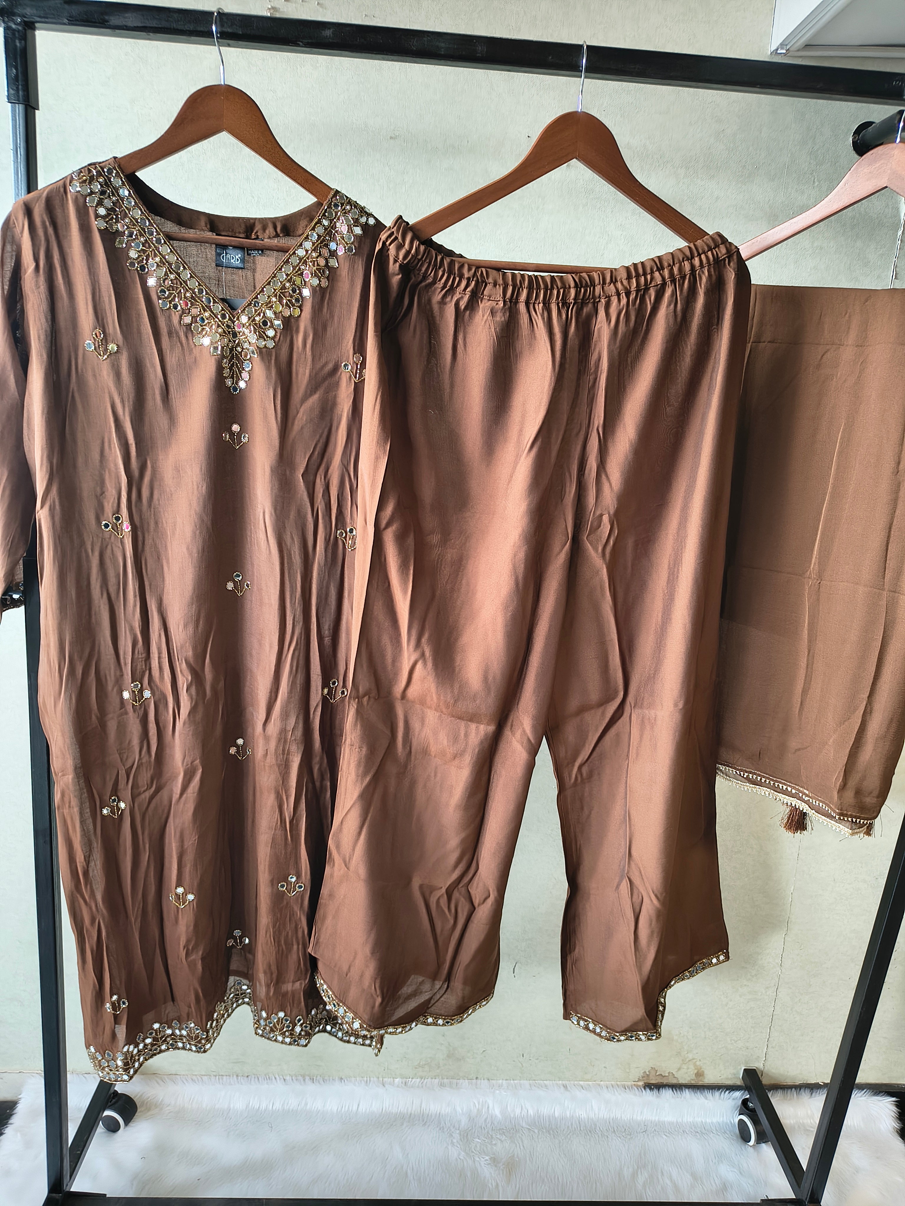 Image of Premium Chocolate Brown Embellished Kurta Set with Mirror Work & Tassel Dupatta