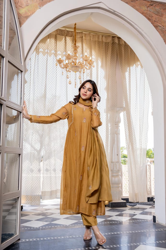 Pure Mull Chanderi 3 Piece Anarkali Set