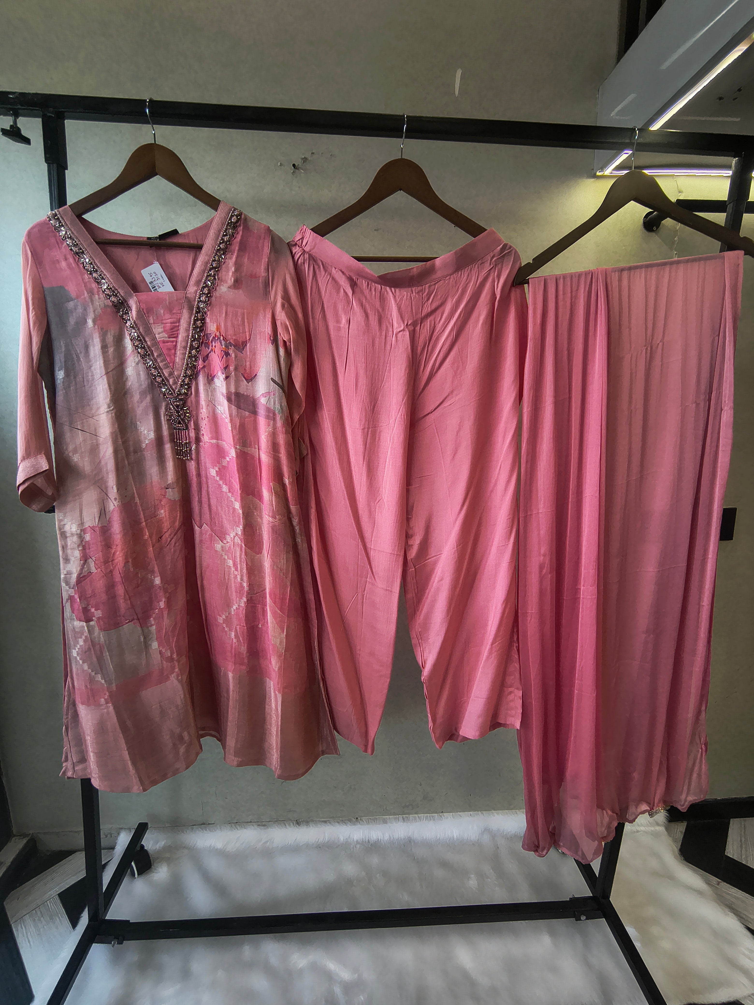 Image of Dusty Rose Abstract Printed Kurta Set with Embellished Neckline & Dupatta | Premium 3 Piece Ethnic Suit