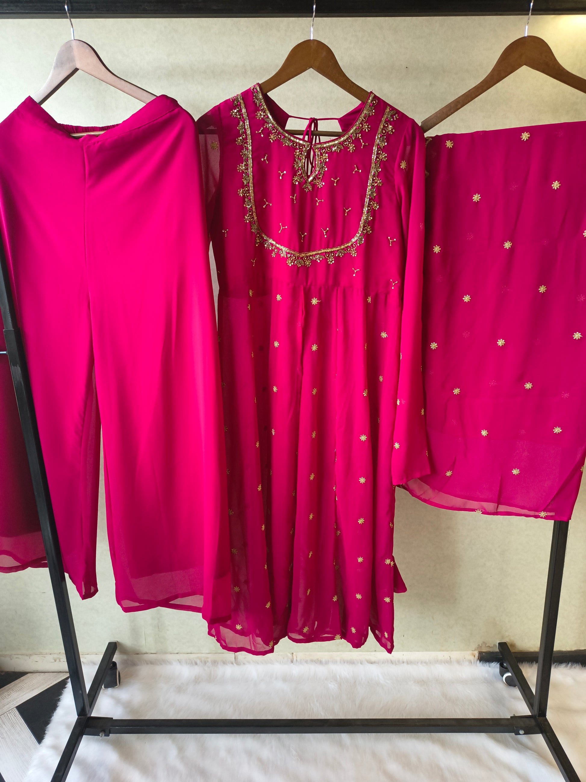 Premium Fuchsia Pink Embroidered Kurta with Sharara & Embellished Dupatta Set