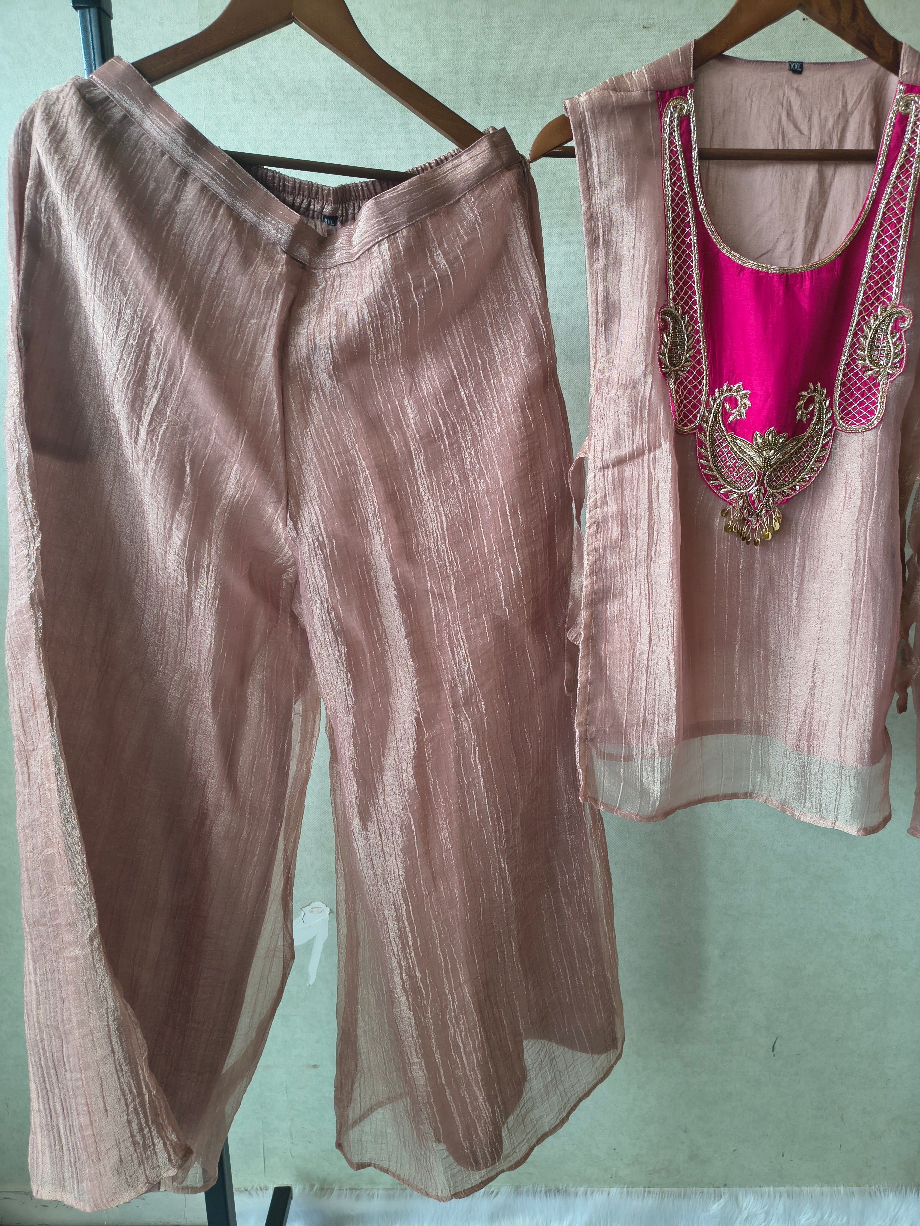 Image of Premium Rose Gold Tissue Silk 3-Piece Co-Ord Set with Hand Embellished Jacket, Inner & Palazzo